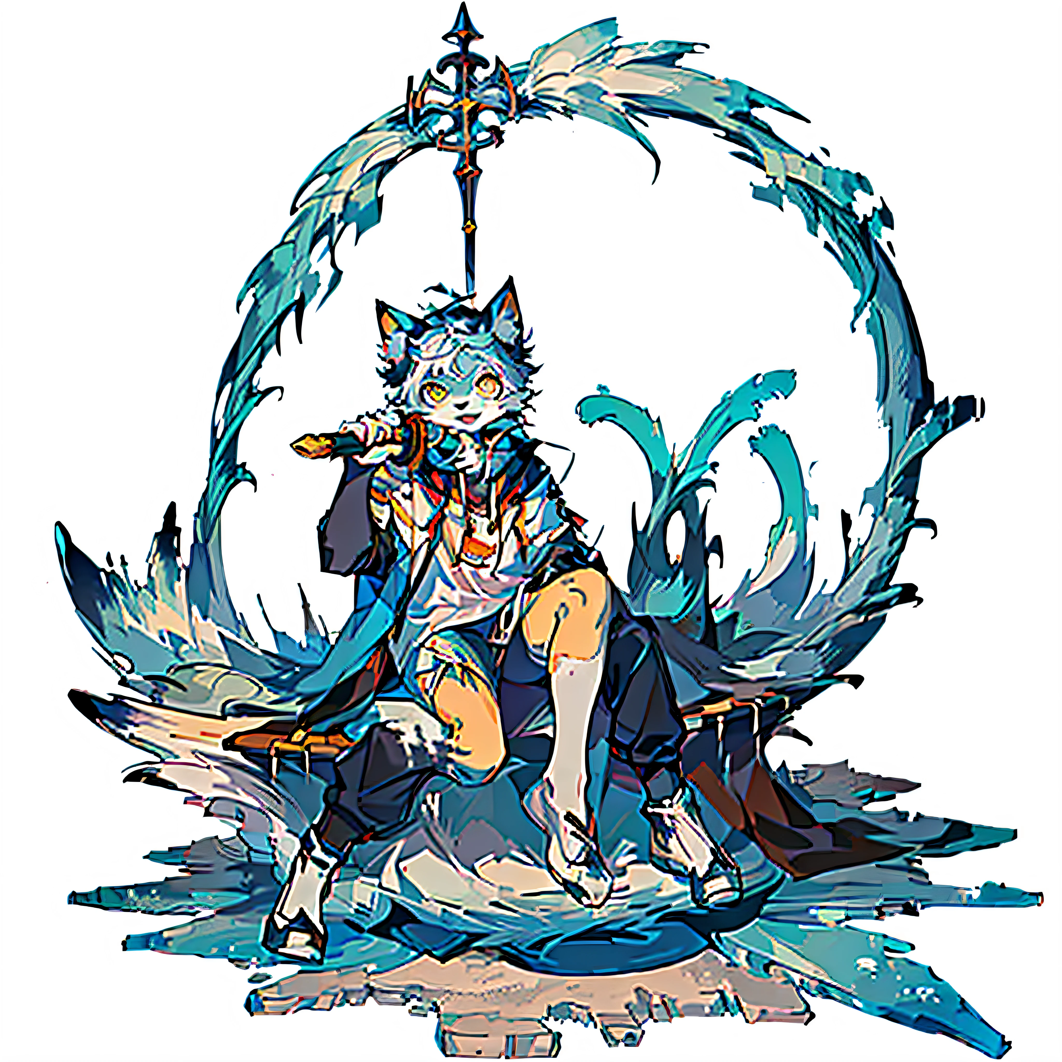 anime cat with a sword and a cape sitting on a white surface, anime cat, sora as a cat, anime visual of a cute cat, fursona art, anime catgirl, cute anime catgirl, realistic anime cat, neko, detailed fanart, character art of maple story, pixiv, very very beautiful furry art, zerochan art, pixiv style