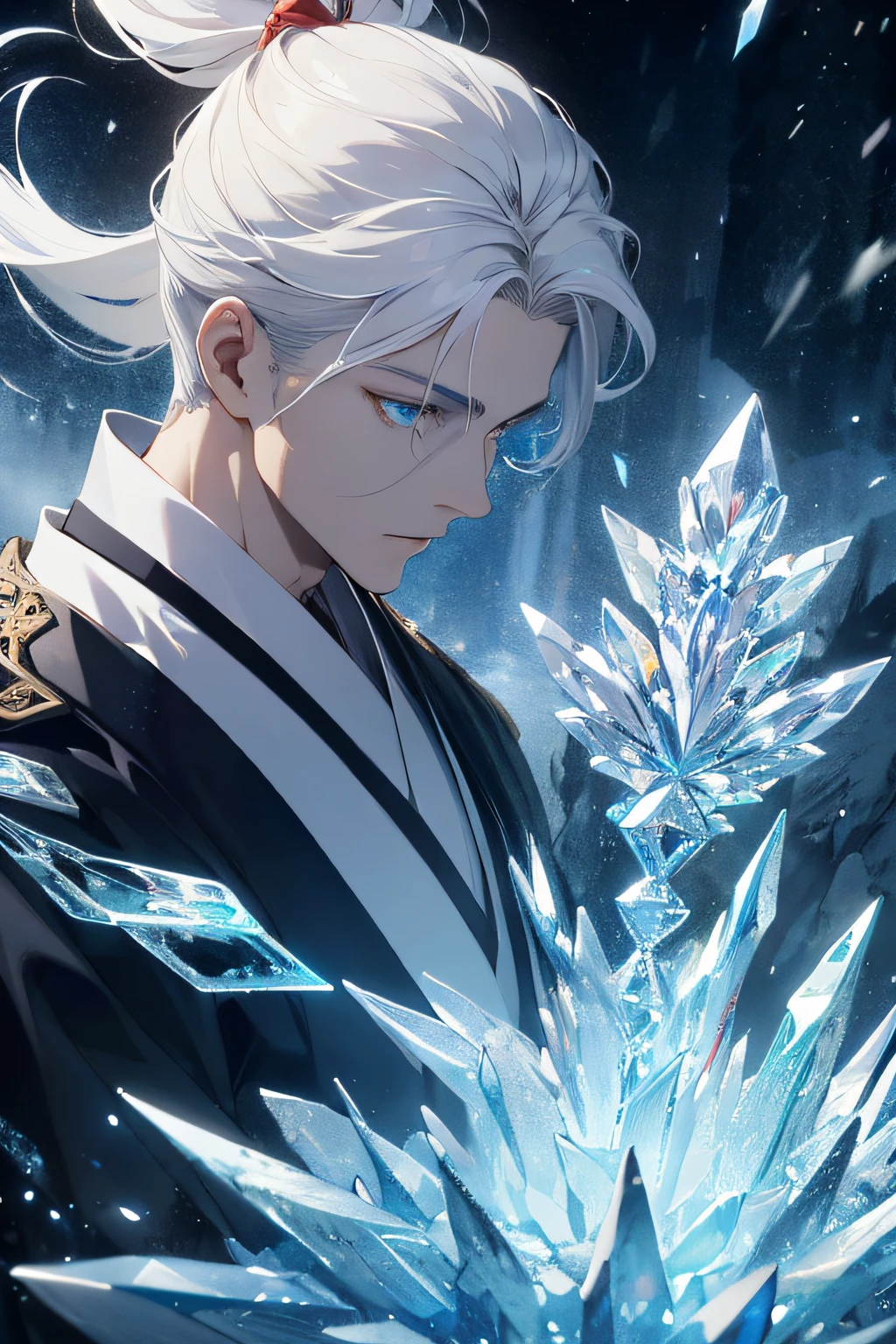 absurd, high resolution, super detailed, official art, unified 8k wallpaper, super detailed, beauty and aesthetics, master masterpiece, best quality, (zen entanglement, ice and snow, tangled, entangled), (fractal art: 1.3), photorealistic realism, (master masterpiece, top quality, best quality, official art, beauty and aesthetics: 1.2), very detailed, fractal art, variegated, most details, zentangle, (abstract background: 1.5) (1 boy: 1.3), gods, (glowing blue eyes), mysterious, (magic), dynamic perspective, dramatic composition, ice and snow, ponytail, white hair, white hanfu, red ribbon, movie lighting, volumetric lighting,