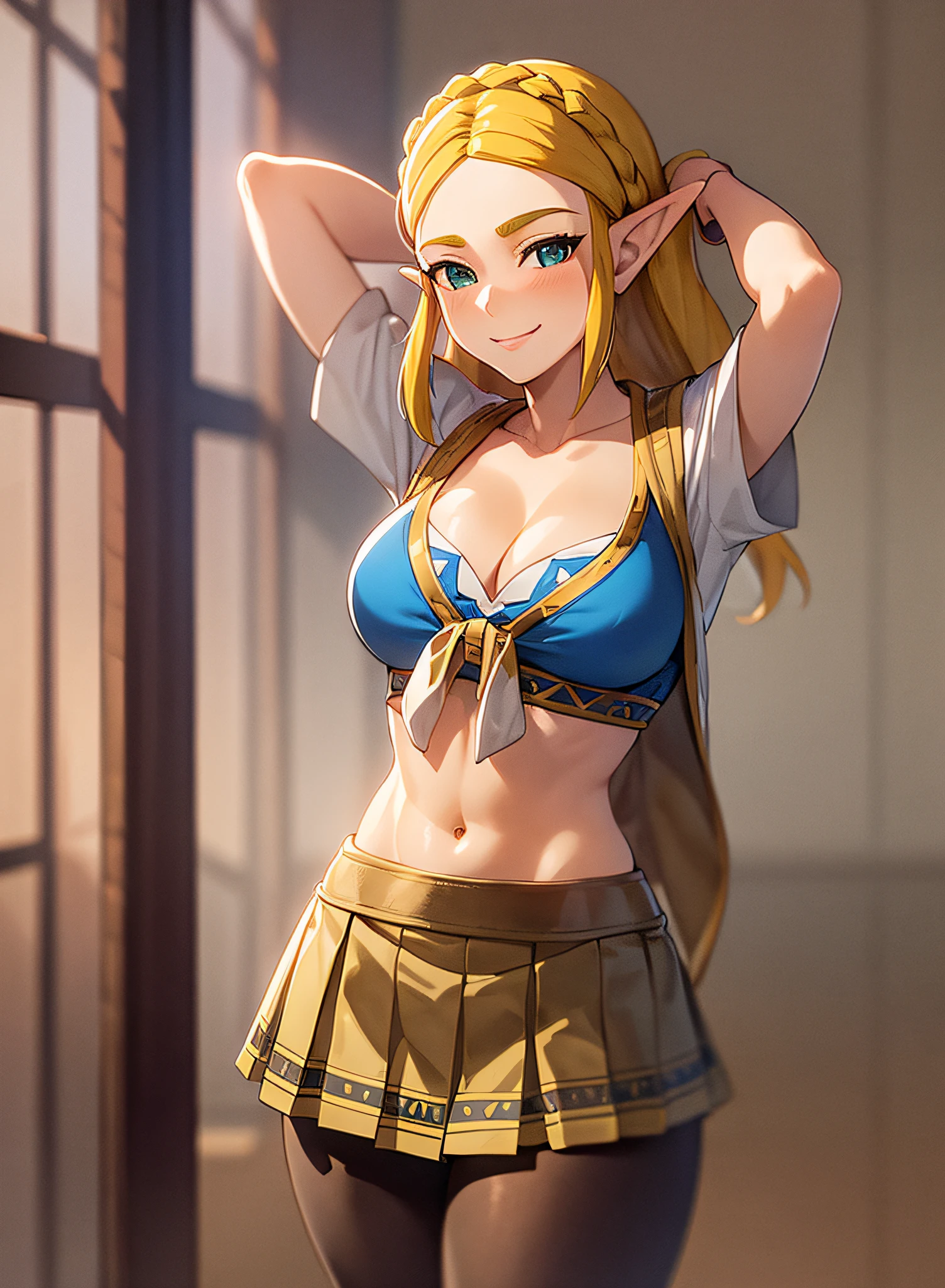 zelda\(princess\), 1girl, solo, large breasts, cleavage, seductive smile, pose, tied shirt, skirt, schoolgirl uniform, bare arms, skinny, young teen, 15 year old, blonde hair, bare stomach