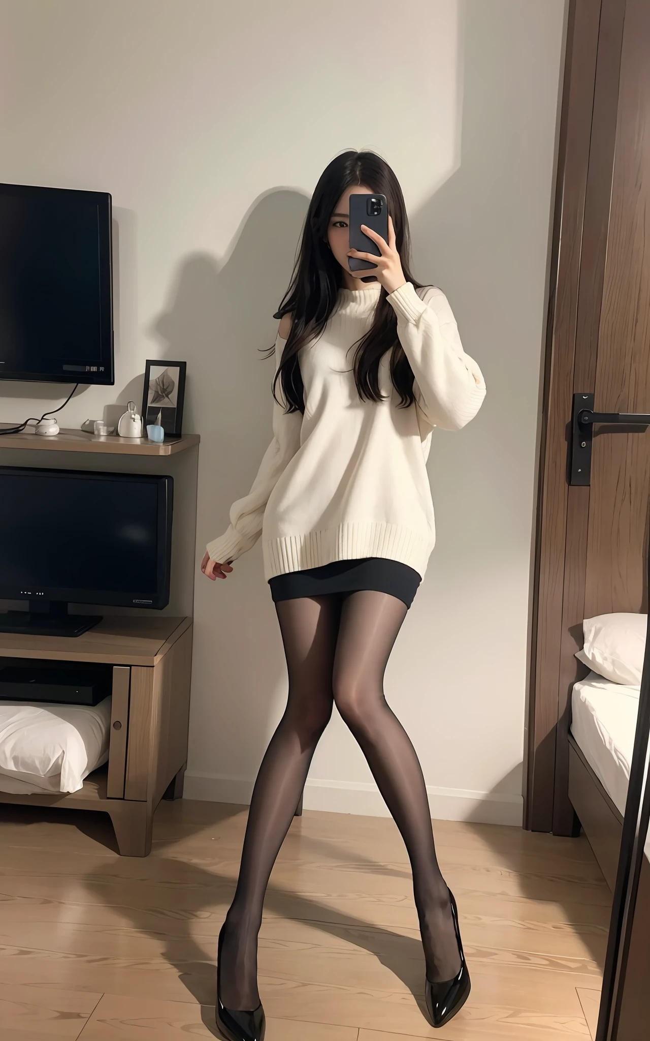 (RAW photo, best quality), (Photorealistic, photorealistic: 1.4),
Masterpiece, extremely delicate beauty, amazing, fine details, extremely detailed CG Unity 8k wallpaper, super detailed, high resolution, absurd, soft light, edge light, vibrant details,
((Perfect Hand: 1.2)),
Take a selfie with a mobile phone in one hand and cover your face,
1 girl, full body,
[standing|chair|sitting|butterfly sitting],
[stockings|pantyhose],
iphone, selfie, pose, little hands,
p_m_s，