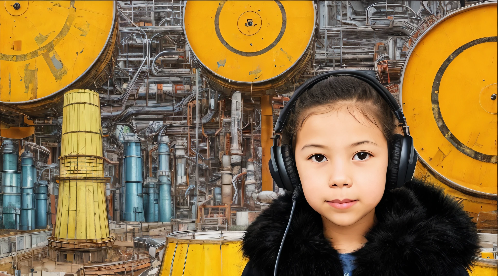 GIRL CHILD BLONDE HAIR, LONG, CLOSE UP, RUSSIAN STYLE HEADPHONES, BLACK FUR COAT, a closeup of a large pile of yellow barrels with radioactive symbols, nuclear waste, radioactive wastelands, toxic waste, radioactive particles, nuclear wastelands, radioactive, uranium, nuclear, nuclear fallout, post-nuclear, nuclear fashion, post-nuclear fallout, nuclear energy, future of nuclear energy, nuclear, nuclear art, nuclear reactor, nuclear energy, radiation, toxicity, contaminated