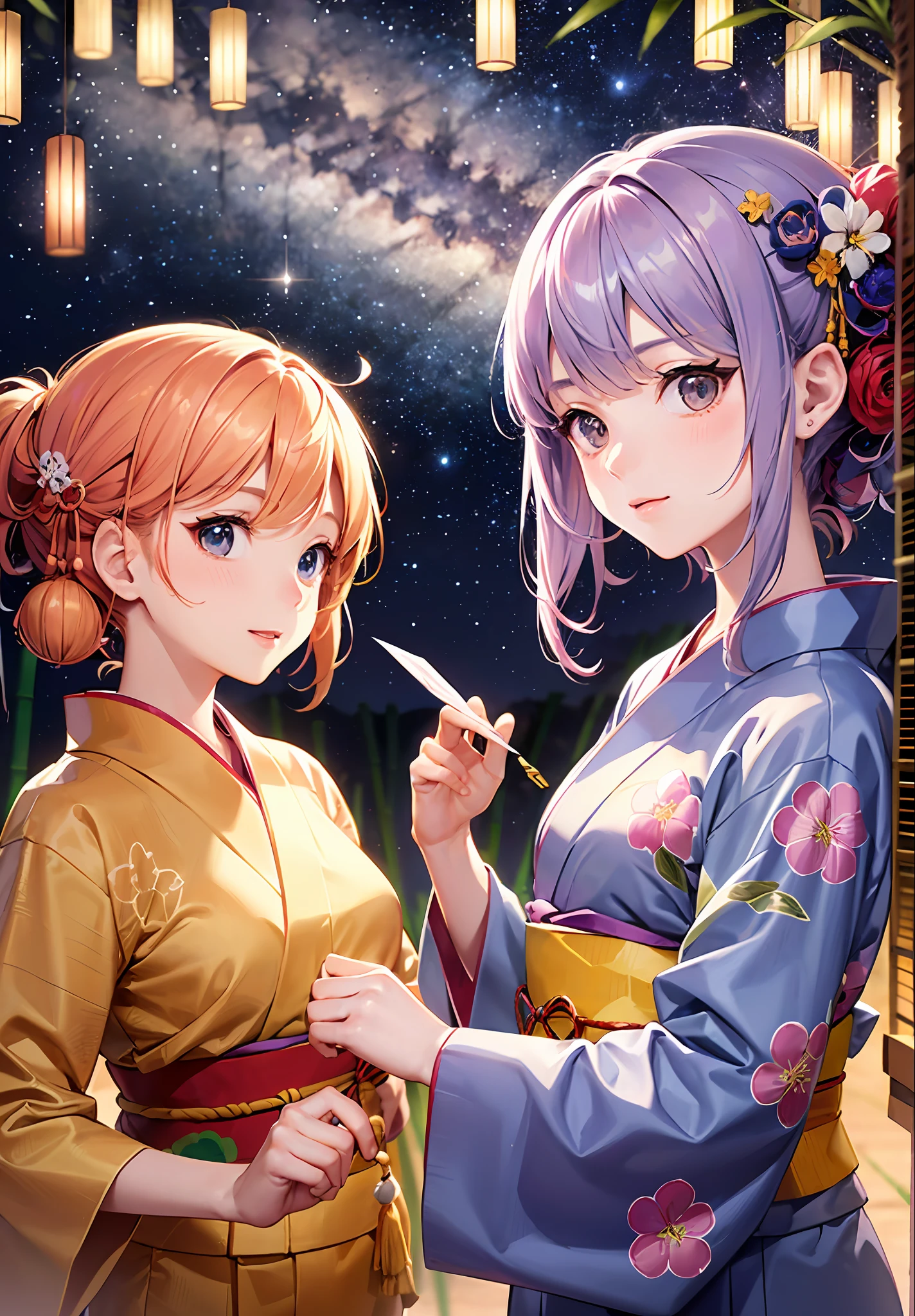 Absurdity, high resolution, super detail, light diffuse, highly detailed light reflection, harmonious, best shadow,
break, composition with depth, detailed light effects,
(2 girls: 1.5), (cheerful: 1.1), cute, conceptual art, flowing hair, pink hair,
(Cute patterned yukata, cotton yukata: 1.1),(Night sky), (Starry sky), (Milky Way):1.3
break
(Sasa): 1.7, (Tanabata ornament): 1.5, Star Festival, Tanabata Festival, Koto,
, (bamboo tree decorated with colorful pieces of paper, lots of paper pieces, tanzaku, pieces of paper hung on bamboo trees, pieces of paper hung on bamboo branches): 1.5, zoom out: 1.2, fractal art,