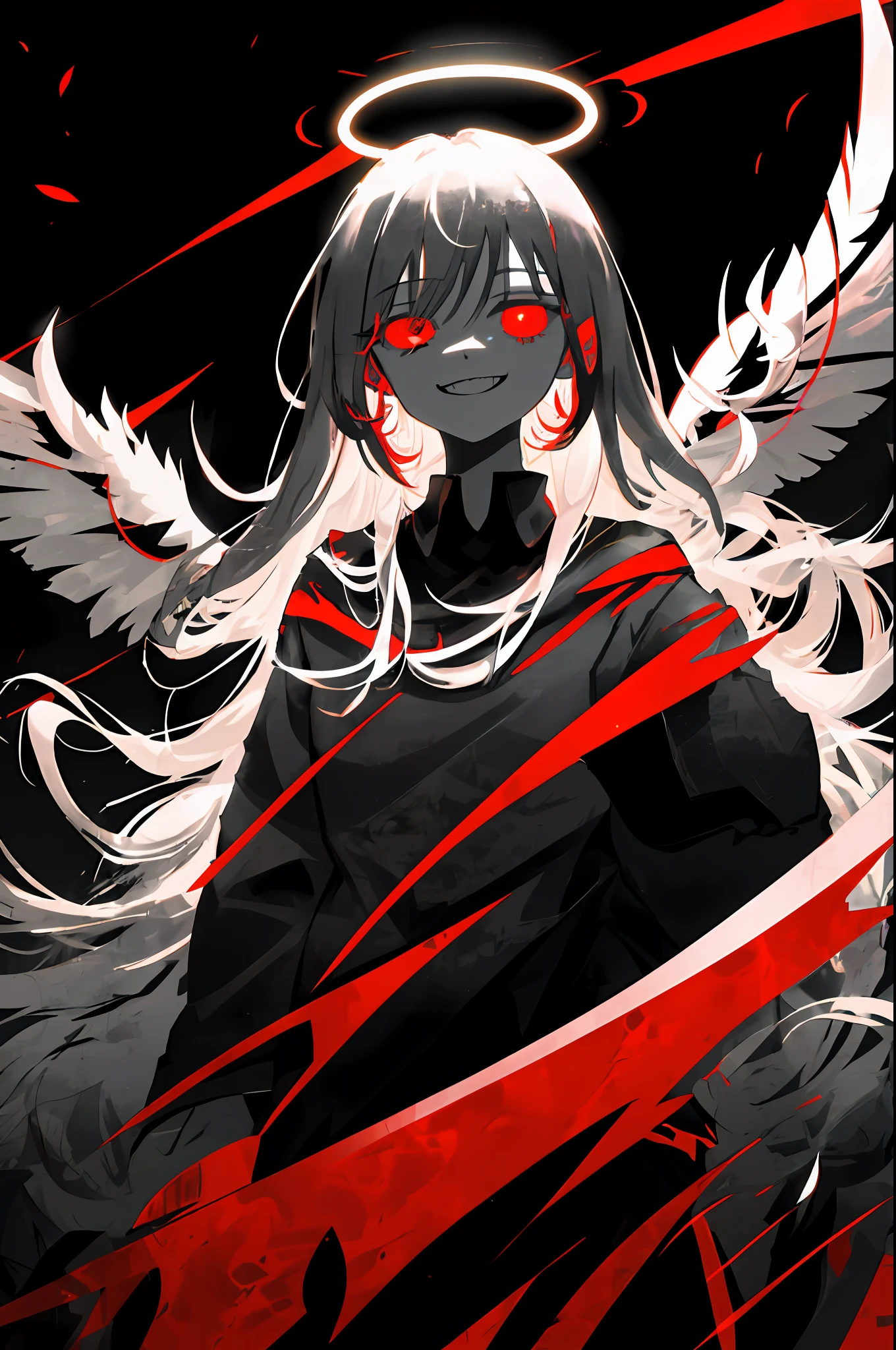 1girl, (scary), angel, gorgeos, (red halo), dark, glowing eyes, red eyes, (angel wings), holy, sensual, black tunic, feathers, confident, smile, expressive eyes, collofull eyes, contrast, shadows, masterpiece, digital art, glowing eyes, intimidating, corrupted, demonic, abstract, feelings