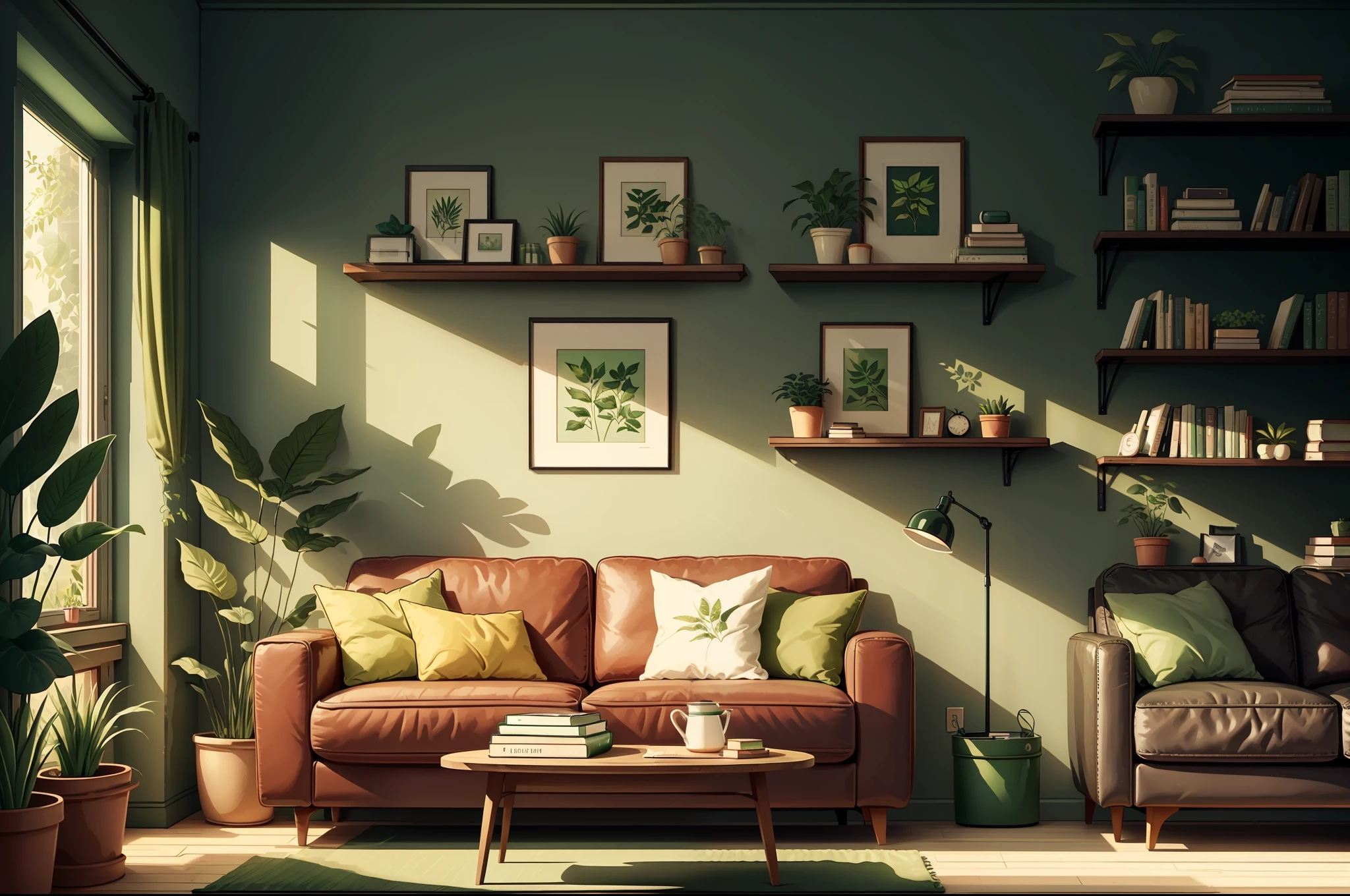 a living room with a red couch and a green plant on the wall and a book shelf with books