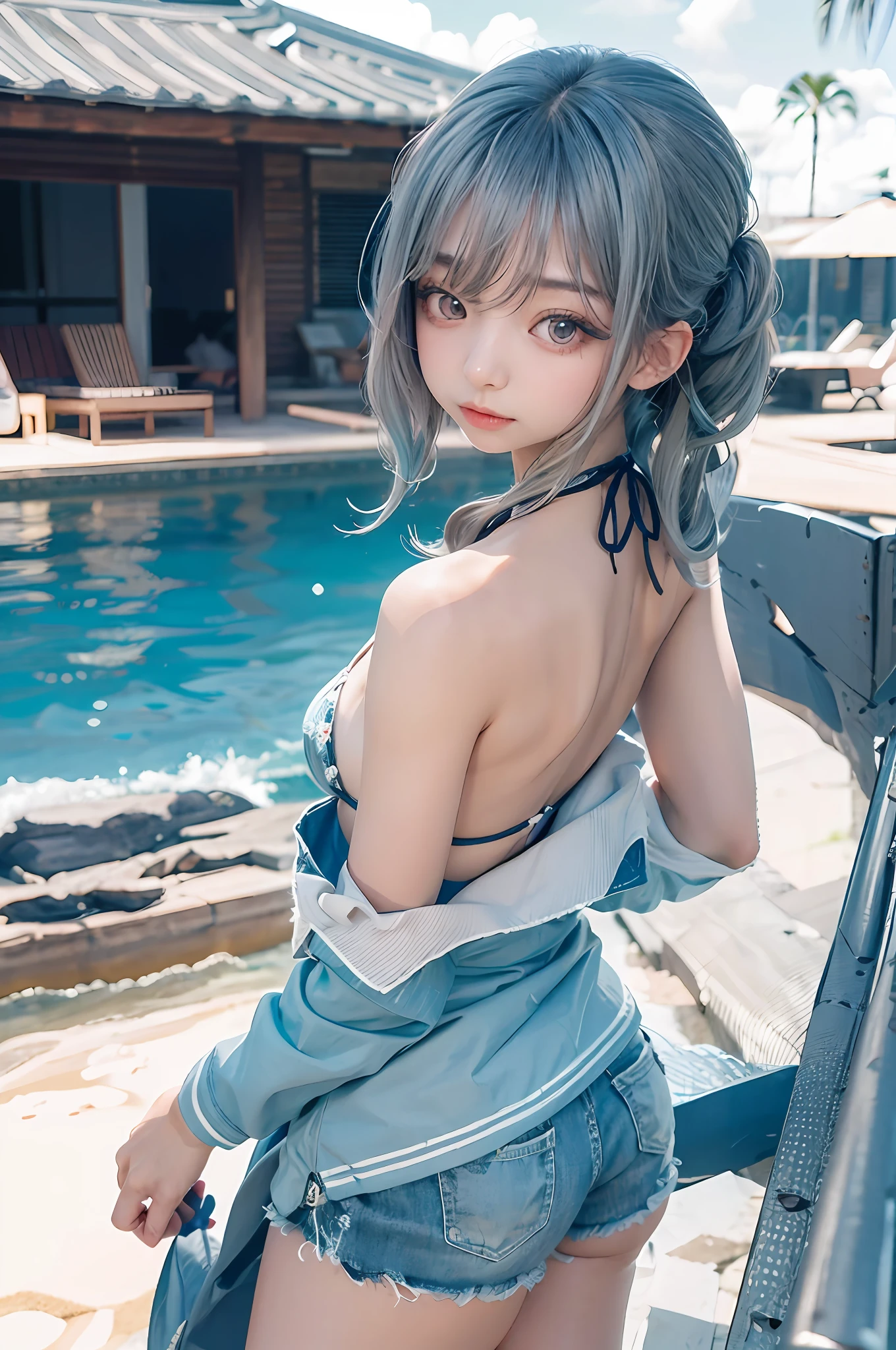 photorealistic, high resolution, 1 girl, gray hair, korean, heterochromic eyes, small moles under the eyes, bikini, big, blue hair, (blonde mesh), beach, outdoor, pigtails straight hair, hu, shorts, princess cut, wharf,