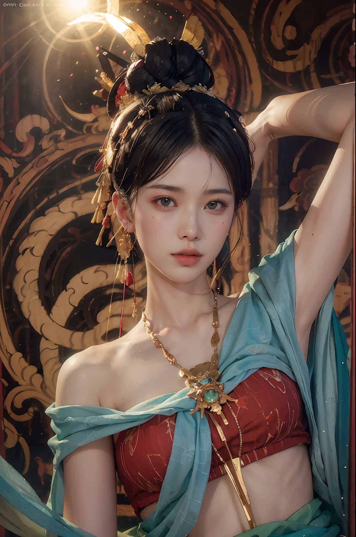 (RAW photo, best quality), (realistic, photo-realistic:1.3),best quality,highly detailed,masterpiece,ultra-detailed,illustration,1girl,upper_body,dynamic angle,world masterpiece theater,messy_long_hair,best quality,extremely detailed CG unity 8k wallpaper,ink,Amazing,cinematic lighting,lens_flare, dunhuang_style