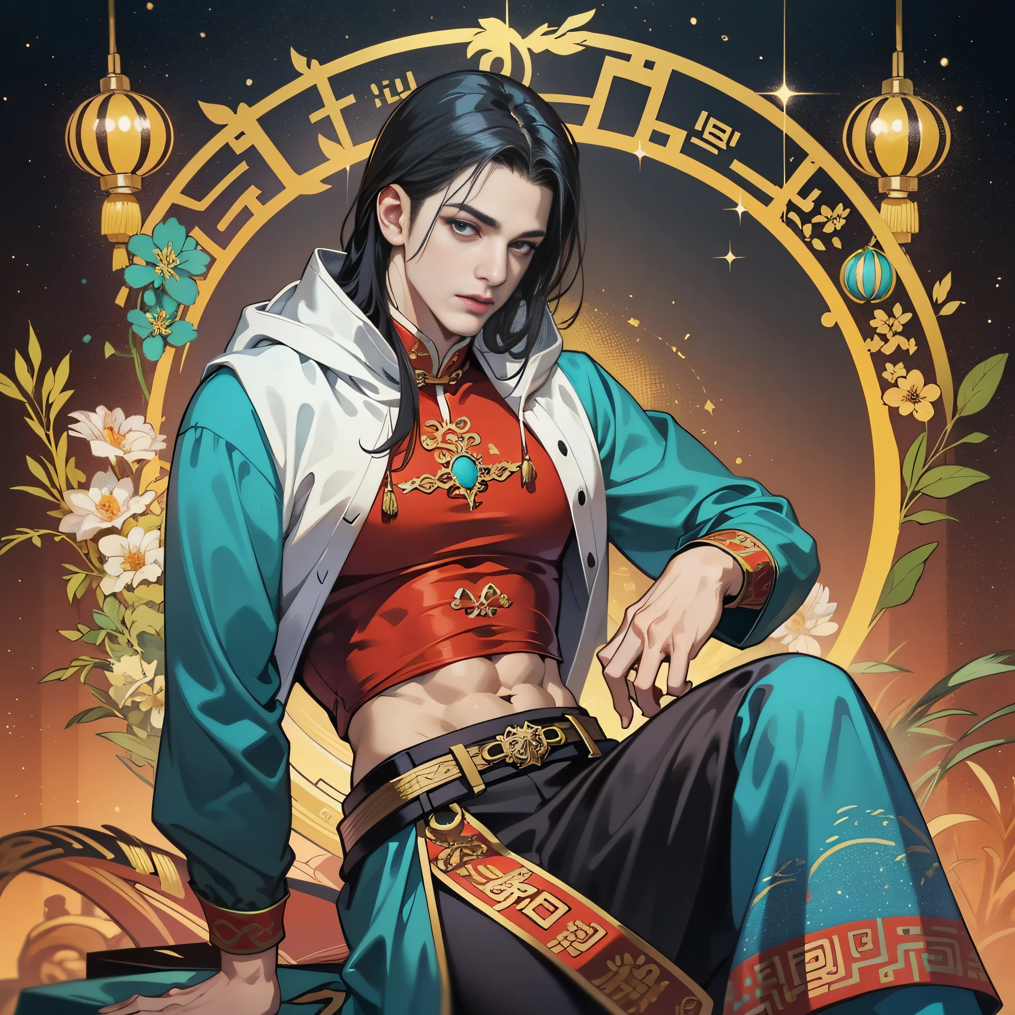 muscular boy, masculine face, wild, masculine, valiant, handsome, rugged, hoodie, modern chinese traditional costume, fusion of ancient Chinese and modern, king of rappers, pectoral muscles, abs, cool atmosphere, sitting, solid posture, fashionista, stylish, colorful, individual, luxurious, Cantonese, singing, dancing, sky with stars shining like dreams, Book of Quiet Night, Starry Sky Blooming Brightly, Whispering Dreams and Confusion Border, Cantonese Pride, Turquoise, White