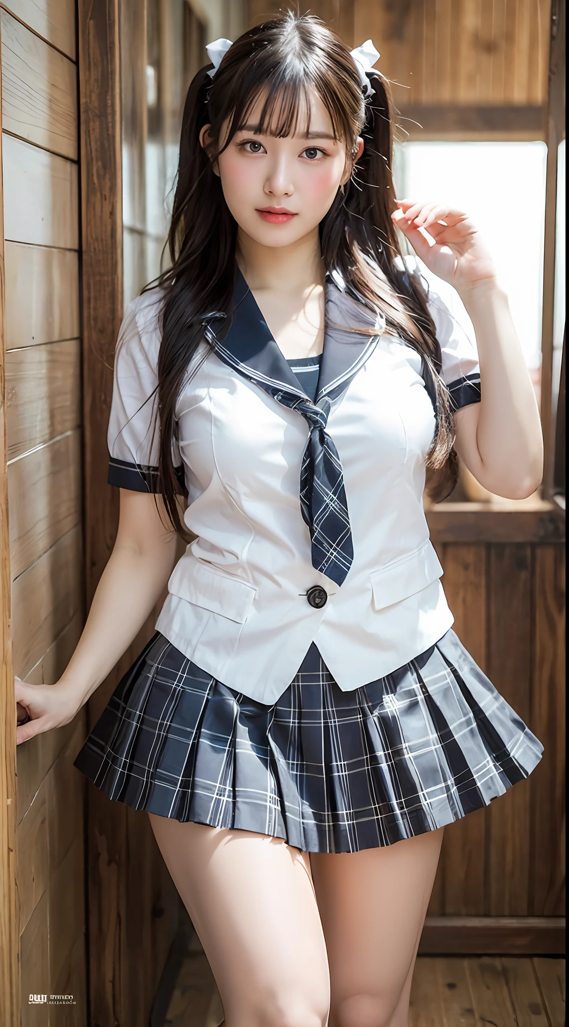 (8k, RAW photos, top quality, masterpiece: 1.2), ultra detailed, super resolution, (real, real photos: 1.37), portraits, high definition RAW color photos, professional photos, very detailed and beautiful, highly detailed, 8k wallpapers, amazing details, huge file size, official art, highly detailed CG Unity 8k wallpapers, highly detailed beautiful girls, highly detailed facesHighly detailed eyes, very detailed skin, very detailed fingers, very detailed nose, highly detailed detailed mouth, perfect anatomy, detailed background, detailed clothes, one girl, (20:1.2), 20s, cute girl, realistic body, white skin, glowing skin, handsome body, black hair, short hair, (dull bangs: 1.2), cute, youthful, cute face, realistic face, delicate eyes, Sauce eyes old Horiwa camera gaze, cowboy shot, facing front, (((super big: 1.32)), droopy breasts, (very detailed white beautiful lace underwear), thick thighs, emphasis on kneecaps, hands folded behind the head, hair pulling up pose, (very detailed white skin), twin tails, hair ornaments, (((super big: 1.41), breasts protruding from the cloth, (chubby), plump, tecateca, legs open, embarrassed face, excited face, (school uniform), Japan schoolgirl, wearing ribbons, pleated skirts, loafers, socks, breasts held together with both hands, full body photo, knee visible, unbearable face