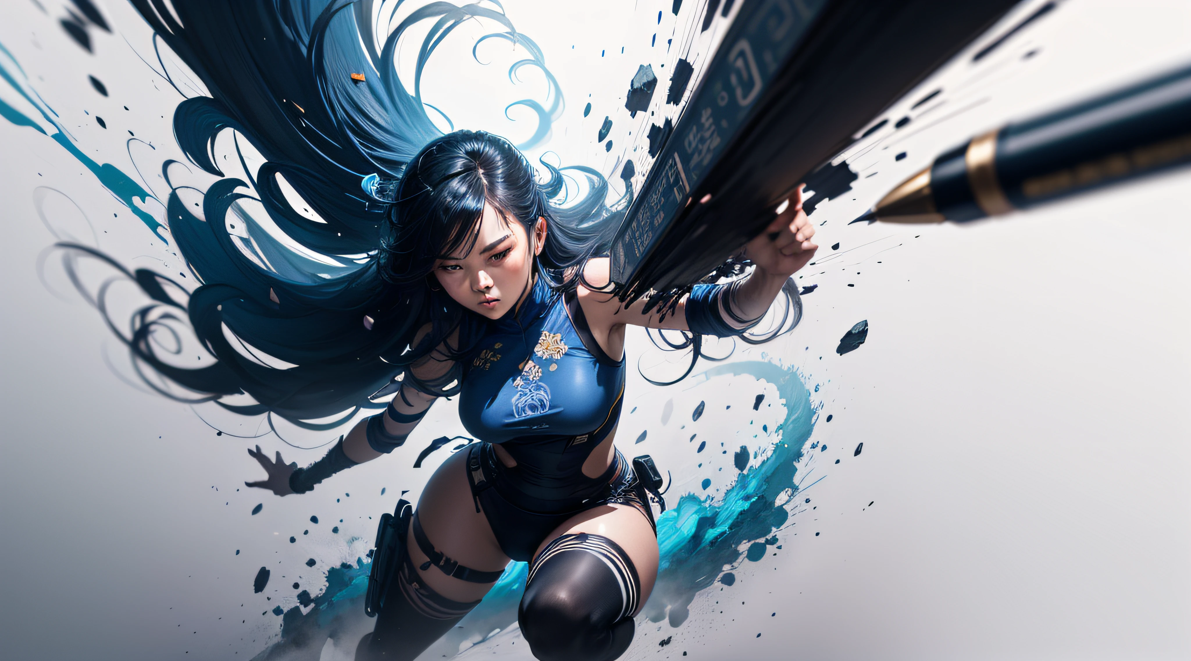 Ball point pen Ink drawing of Vietnamese Vietnamese Female Vendor being in action, blue indigo pen, captured in dynamic, full body, Peter Draws, digital illustration, comic style, Dong Son drum patterns background, black and white contrast.perfect anatomy, centered, dynamic, highly detailed, watercolor painting, artstation, concept art, smooth, sharp focus, illustration, art by Carne Griffiths and Wadim Kashin , --auto