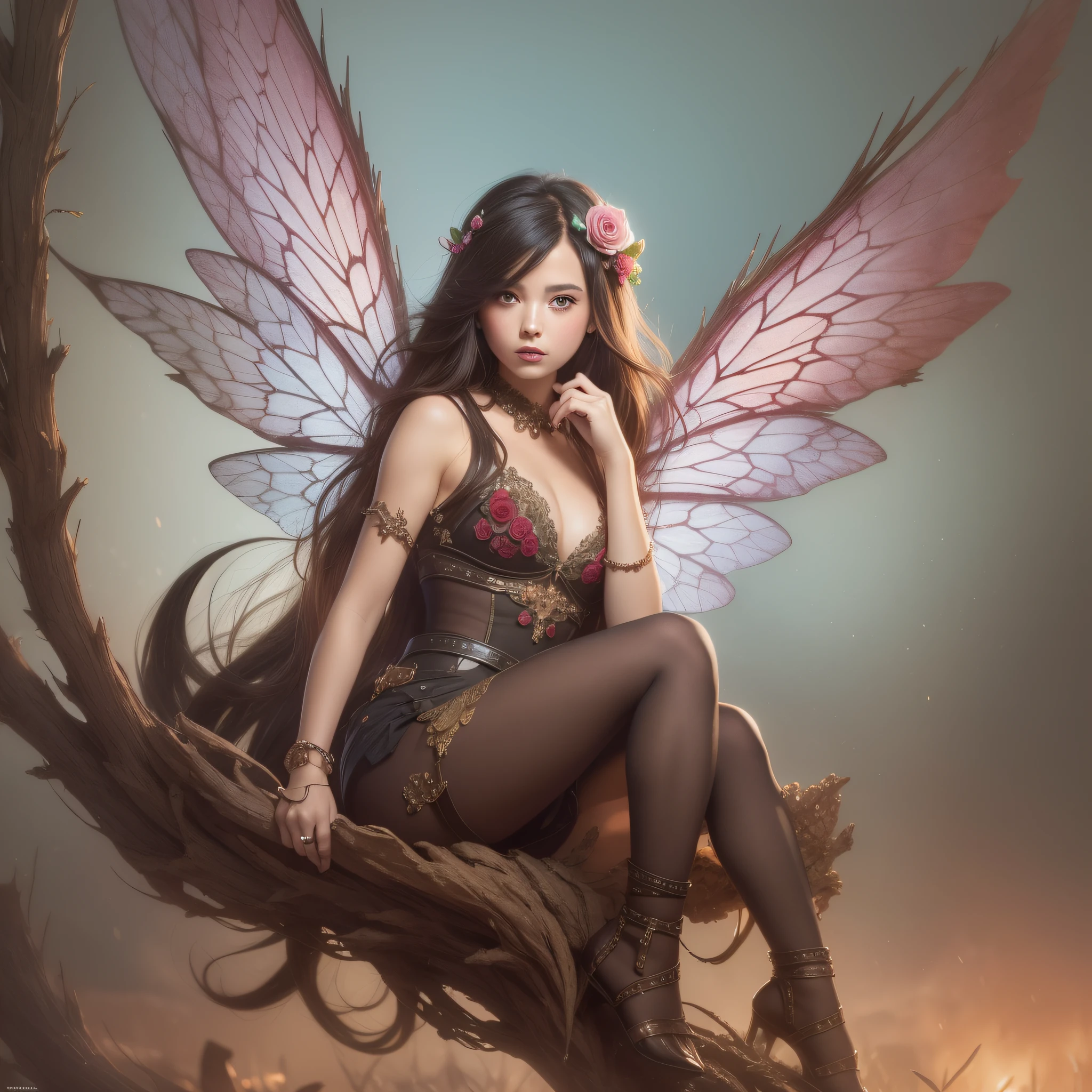 Fairy with the face of a girl perched on a giant rose. Digital painting, artstation, concept art, soft focus, sharp, illustration. Very colourful