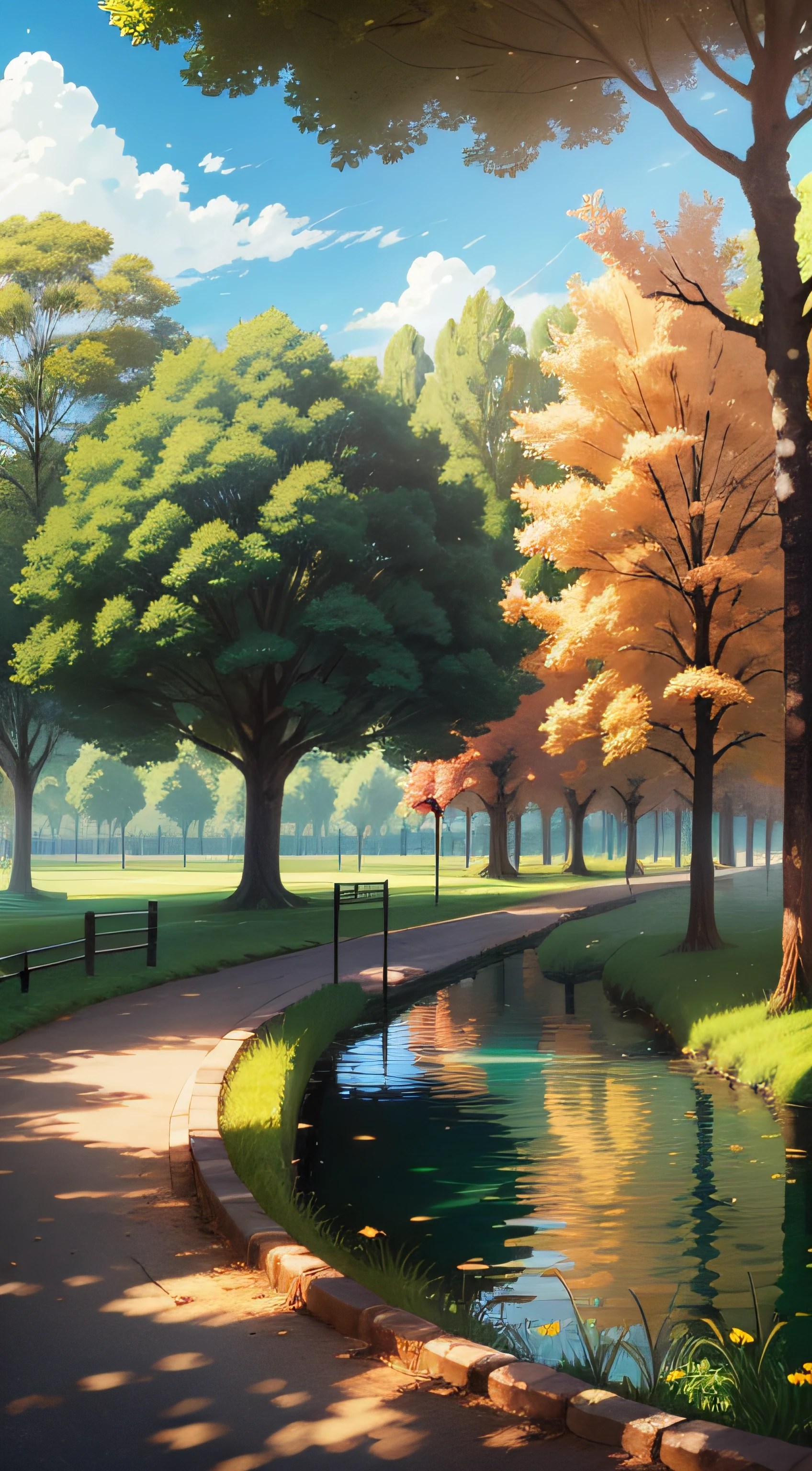 A park full of trees with a lake, sunny day, beautiful clouds, very blue sky, anime style