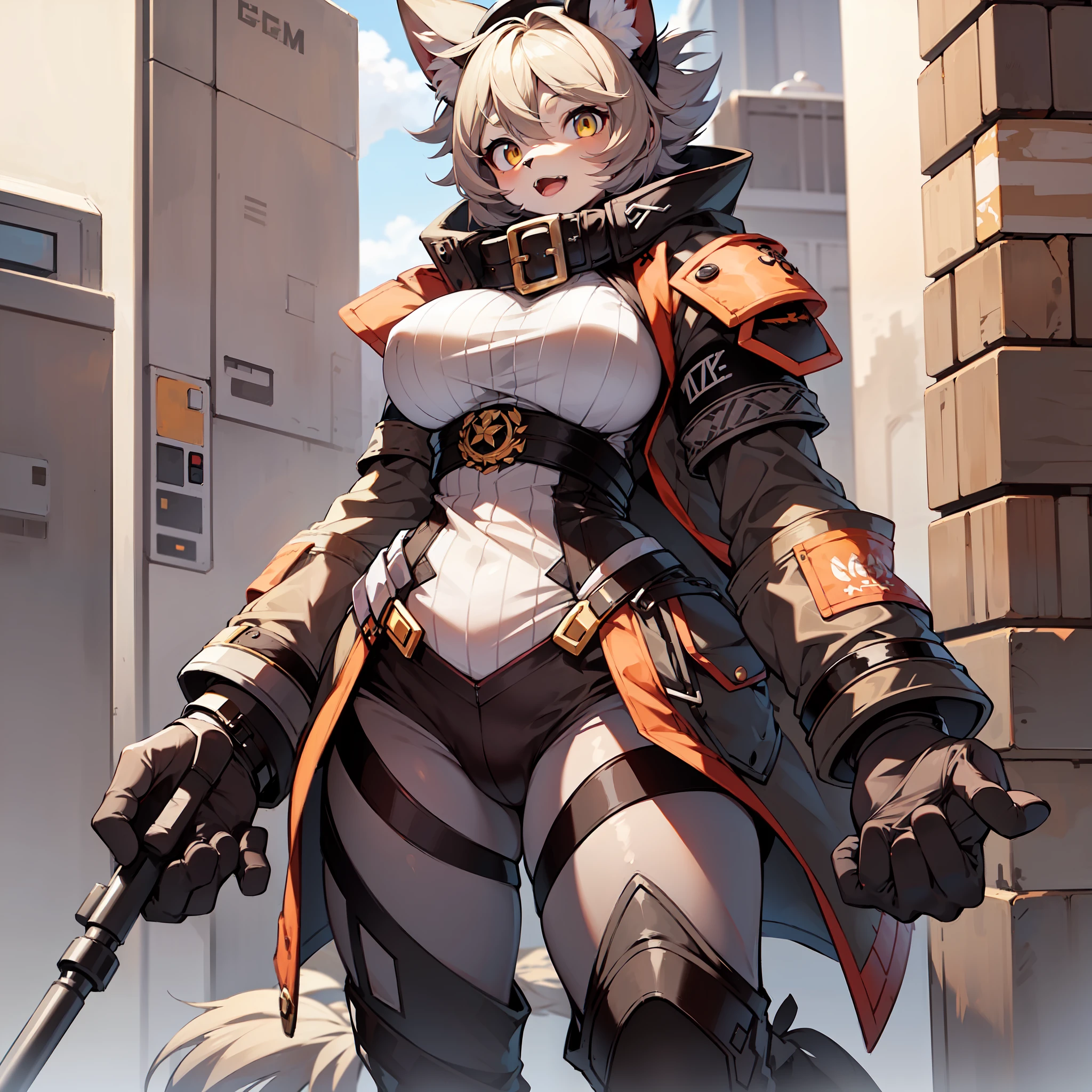 (1 girl :1.5) , in clothes like 2B, mechanized steel arms, (furries: 1.8), yellow bright eyes, very detailed, perfect quality