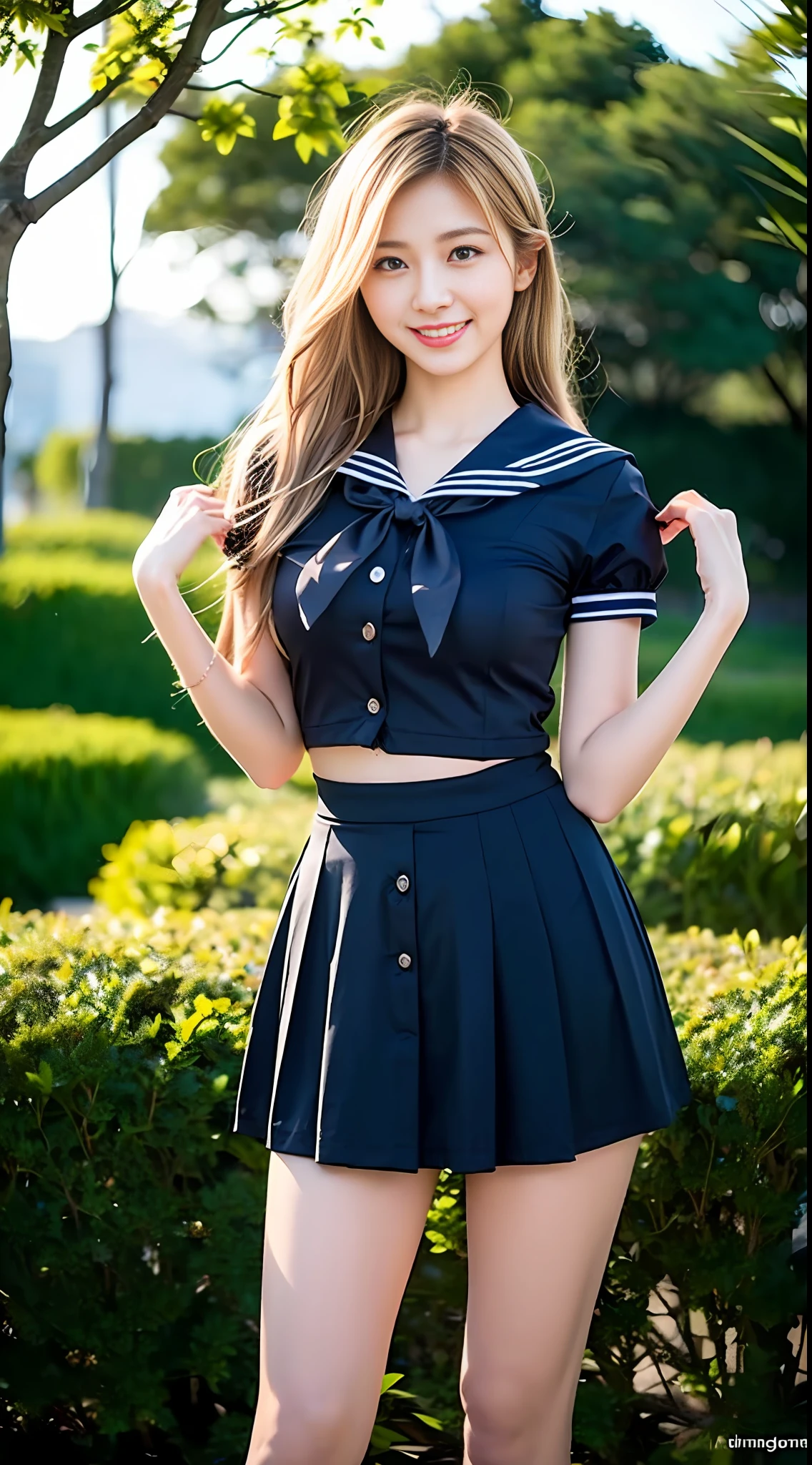 1girl, (best quality, masterpiece, ultra high resolution),(photorealistic:1.3), (realistic:1.3),(long legs:1.3), (closed mouth), (light smile:1.2), (expressive hair:1.2), (blonde hair:1.2), (full body:1.2), (button up), (sailor senshi uniform:1.3), (aino minako:1,2), (sailor senshi:1.2), (arms at sides:1.3), outdoors, (tree:1.2), (mountain),busty, dynamic pose, vivacious and seductive, (night:1.2),(standing:1.2), (slender), (slender legs), shiny skin, nose blush, (facing viewer),