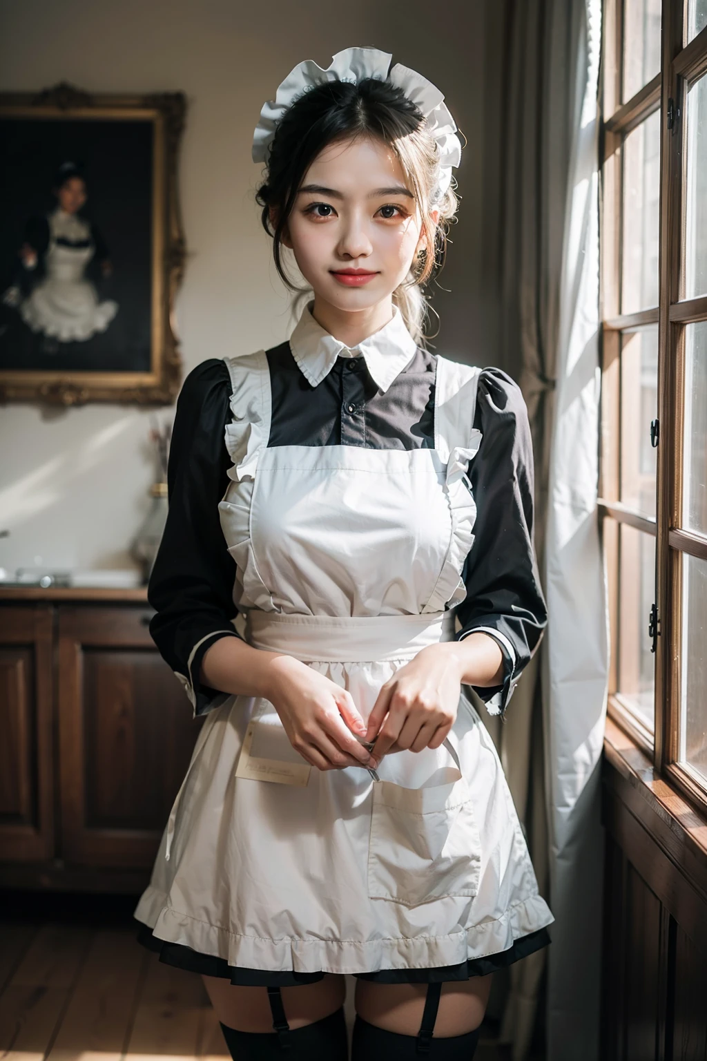 japanese girl, 1girl, 1lady, solo, ((maid)), castle, smile, victorian maid, maid apron, thighhighs, maid uniform, holding dress, (masterpiece), realistic, HDR, highly detailed, 8k, raw photo, ambient occlusion, natural, harmonious composition, warm tones, fine art photography,