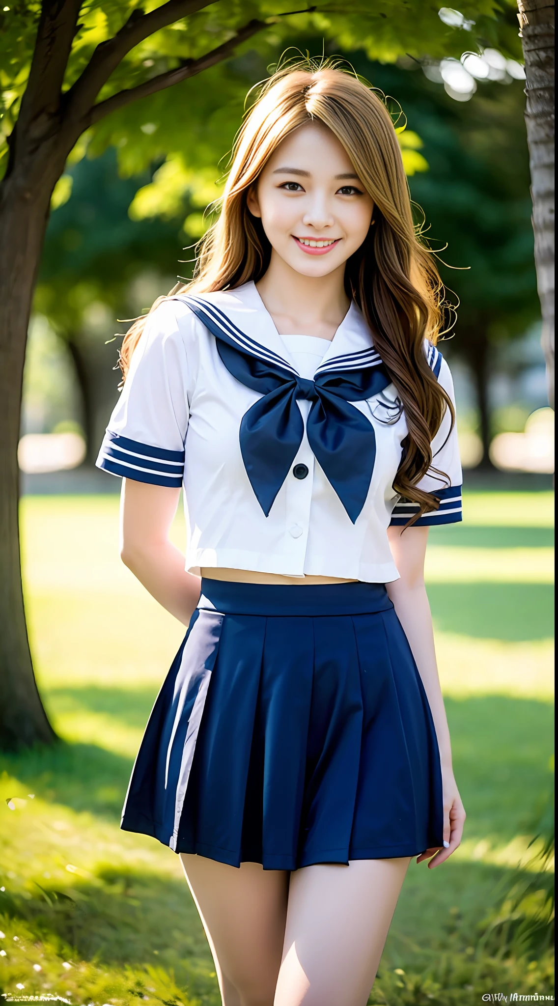1girl, (best quality, masterpiece, ultra high resolution),(photorealistic:1.3), (realistic:1.3),(long legs:1.3), (closed mouth), (light smile:1.2), (expressive hair:1.2), (blonde hair:1.2), (full body:1.2), (button up), (sailor senshi uniform:1.3), (aino minako:1,2), (sailor senshi:1.2), (arms at sides:1.3), outdoors, (tree:1.2), (mountain),busty, dynamic pose, vivacious and seductive, (night:1.2),(standing:1.2), (slender), (slender legs), shiny skin, nose blush, (facing viewer),