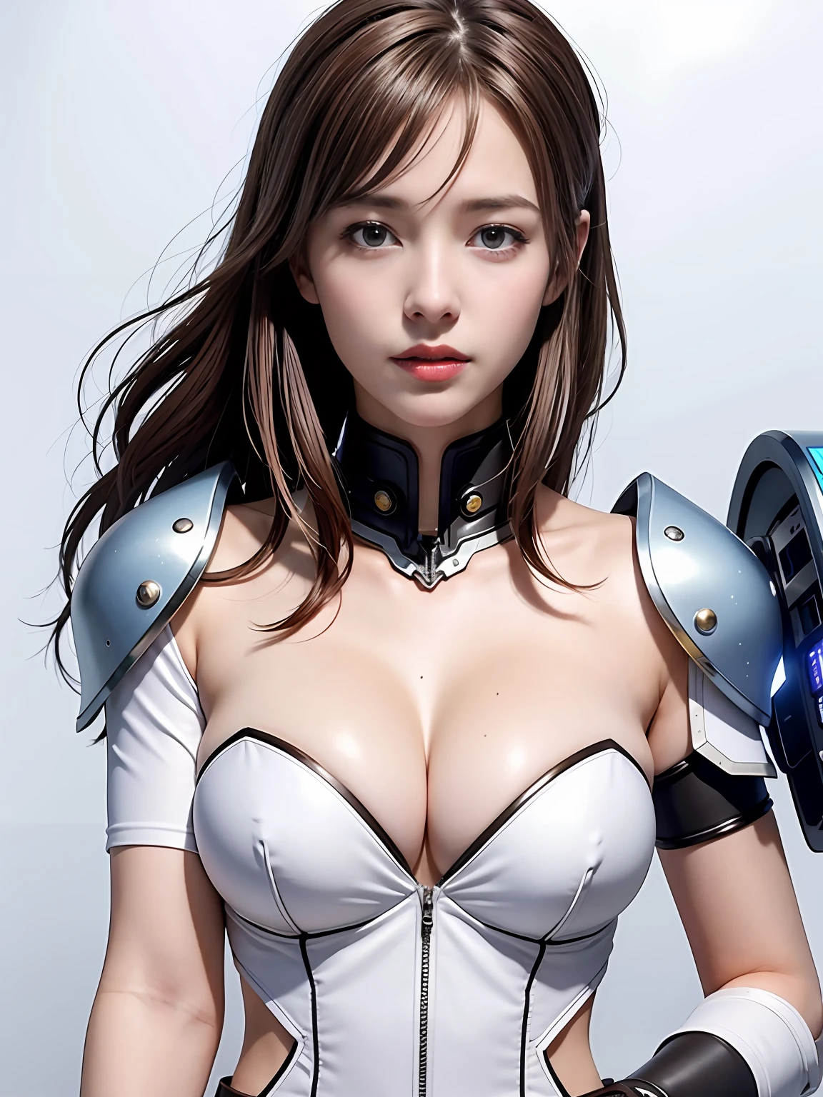 Mecha girl, wearing broken combat armor, high-tech background, beautiful and detailed face, full of vitality, photo realistic, realistic, dramatic, dark, clear focus, 8k)