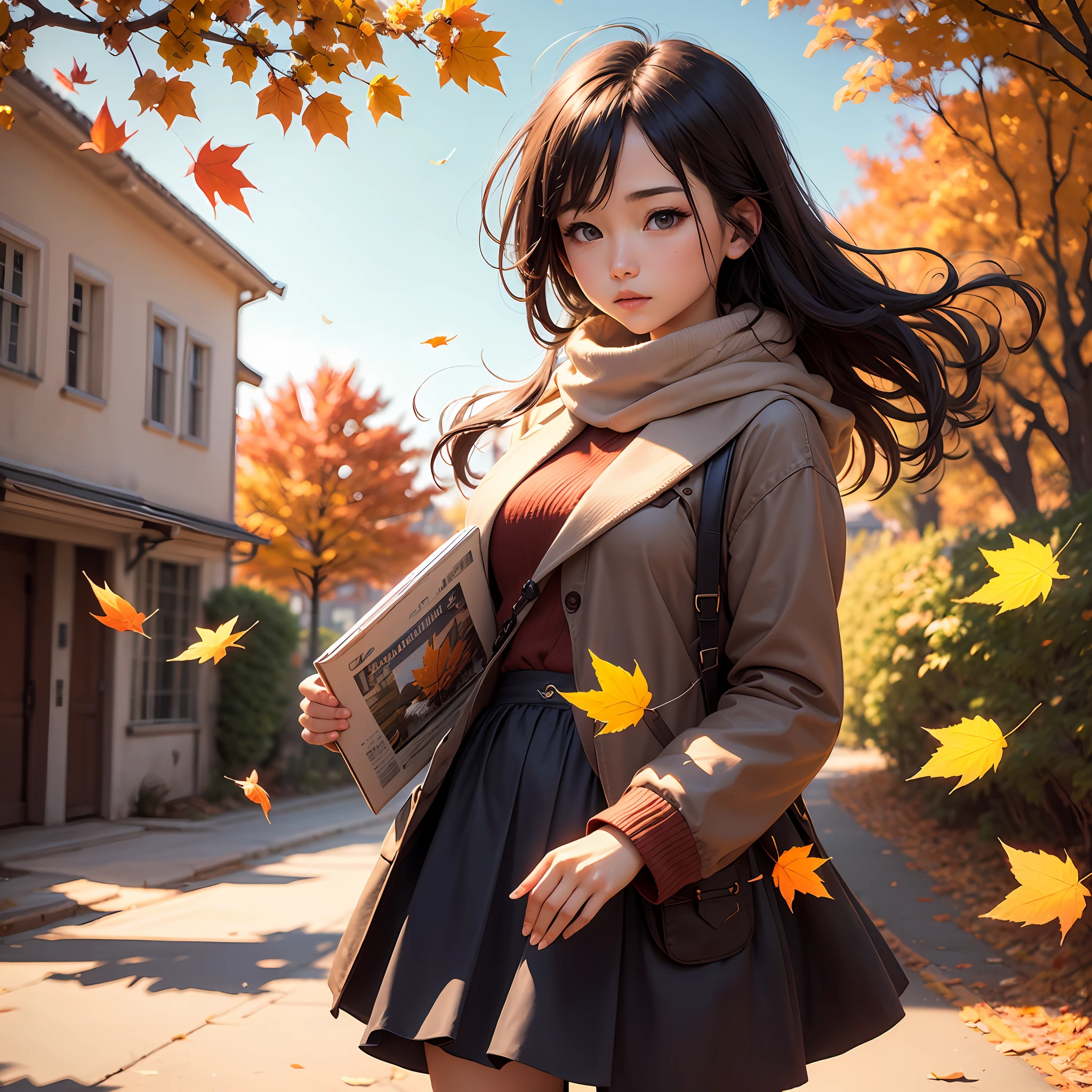 E-book cover, autumn leaves flying in the wind, sunny day, landscape in the background blurred. --auto