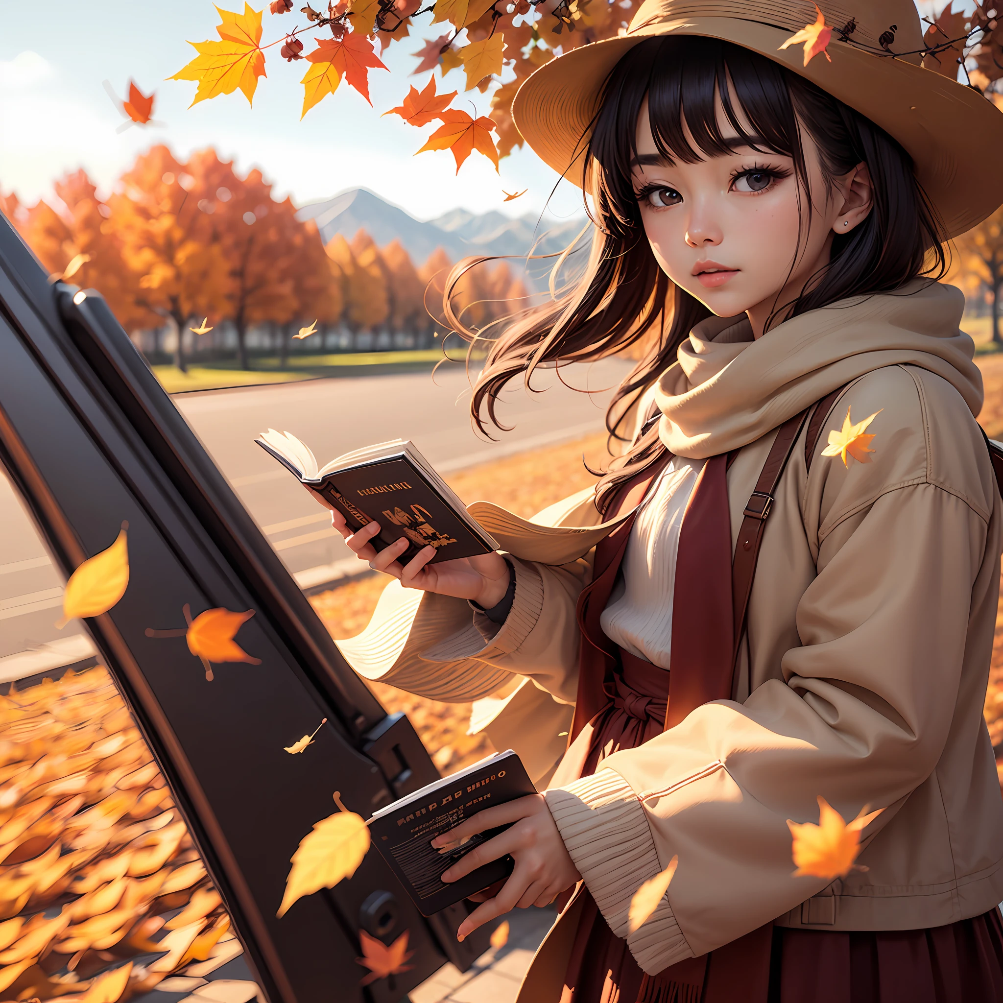 E-book cover, autumn leaves flying in the wind, sunny day, landscape in the background blurred. --auto