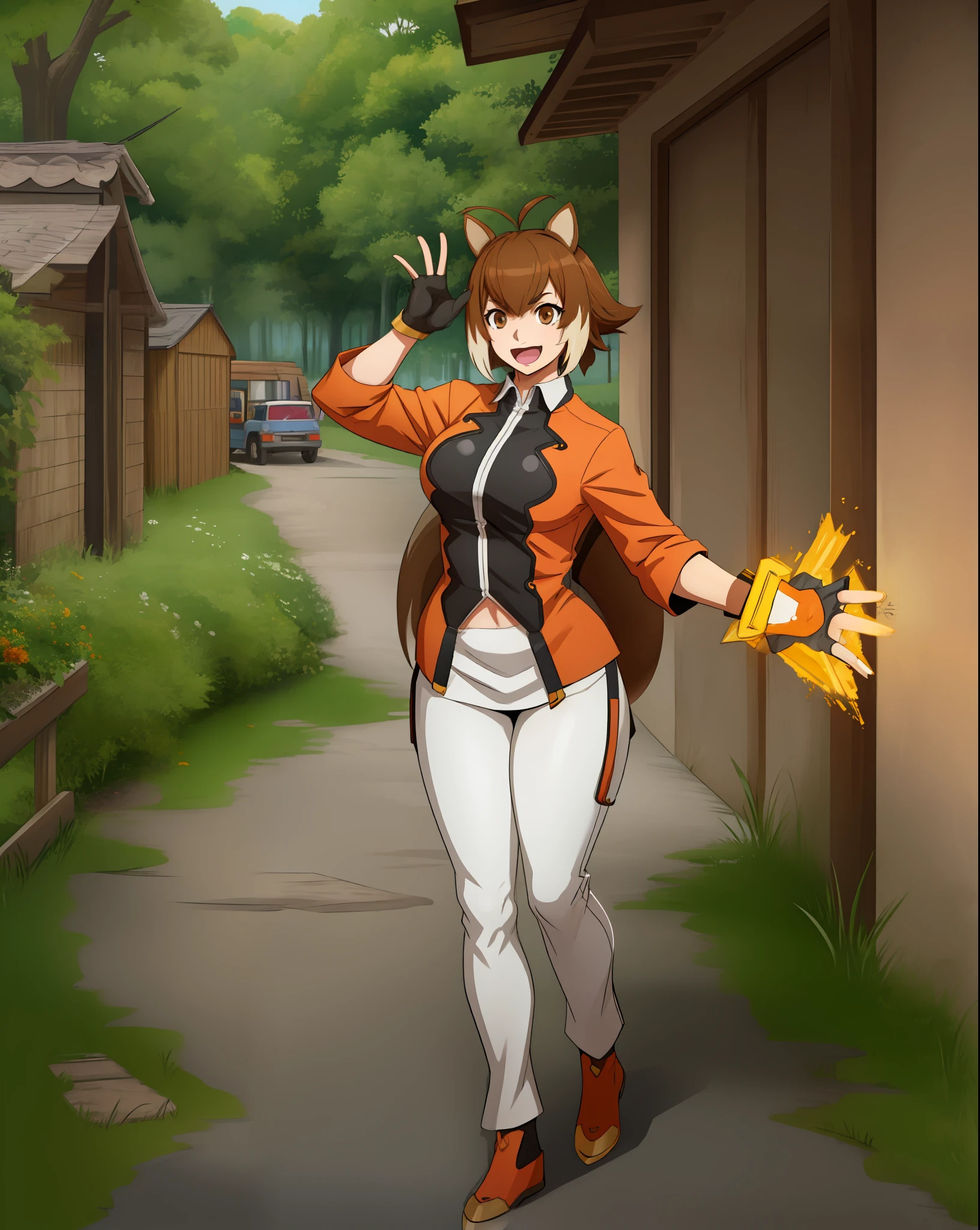 (masterpiece, best quality, high resolution), cowboy shot, 1girl, makotoms, animal ears, squirrel girl, squirrel tail, squirrel ears, antenna hair, tail, two-tone hair, brown eyes, gloves, skirt, underbreast, high thighs, , kimono, jacket,, coat,, pants, portrait, full body,medieval village,, forest, , smile, lightsgauntlet, holy light hand,smile, open mouth