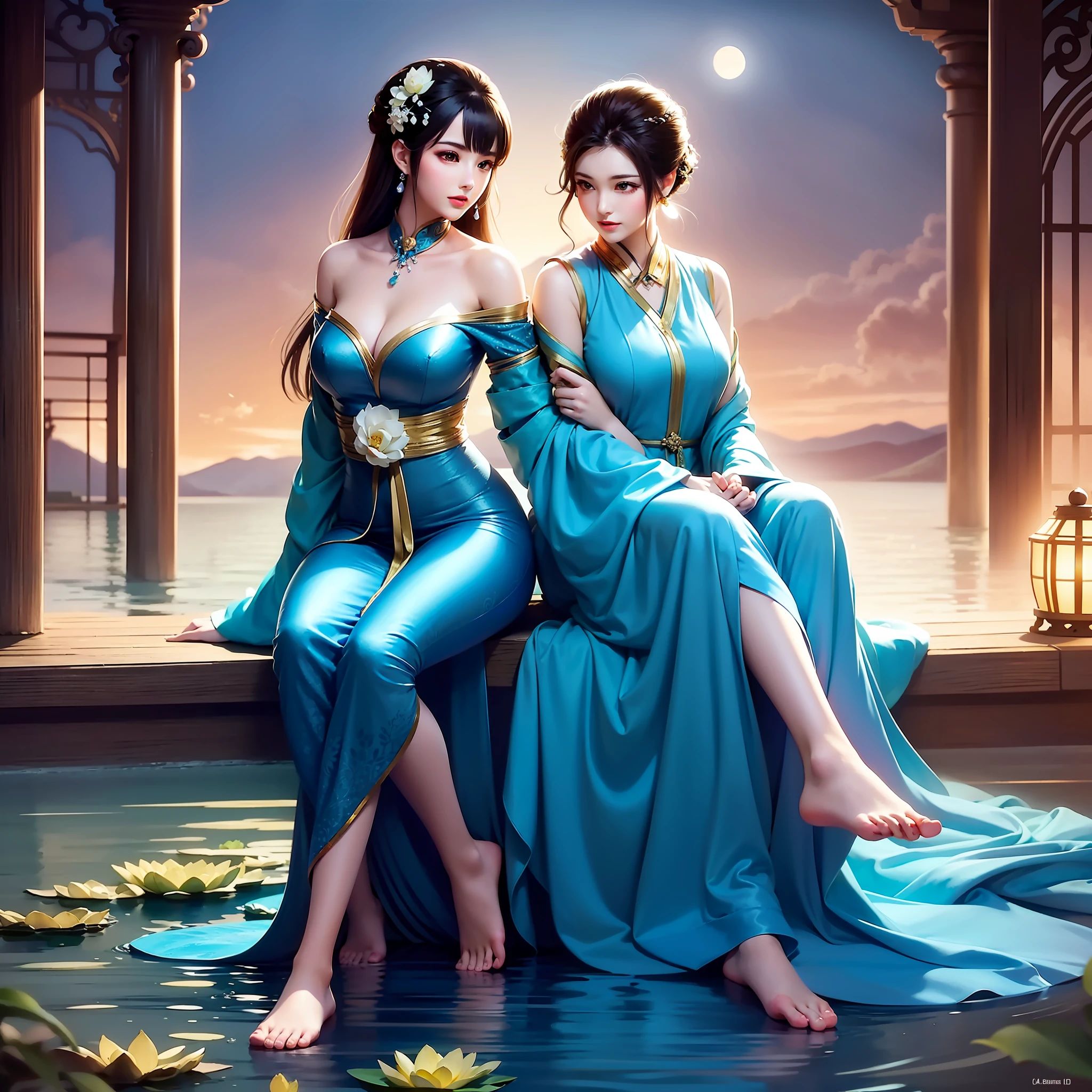 Sitting by a lake full of lotus flowers, feet playing in the water, the art depicts a charming woman with a melon face, dressed in a flowing, silky traditional oriental dress, long, aqua blue, decorated with intricate patterns and bright colors. Her dress drapes elegantly over her curvy figure, accentuating her seductive silhouette. She sits gracefully by the tranquil lotus lake, her feet playing in the water, bathed in the soft glow of the moonlight. The scene exudes an ethereal and dreamy atmosphere, with a touch of mystery and sexiness. The graphic style blends watercolor and digital illustration techniques to evoke a refined beauty and charm. The lights are filled with soft moonlight, casting soft highlights and shadows on her charming features. Bare thighs, big breasts, three-dimensional facial features, sitting, upturned legs, side braids