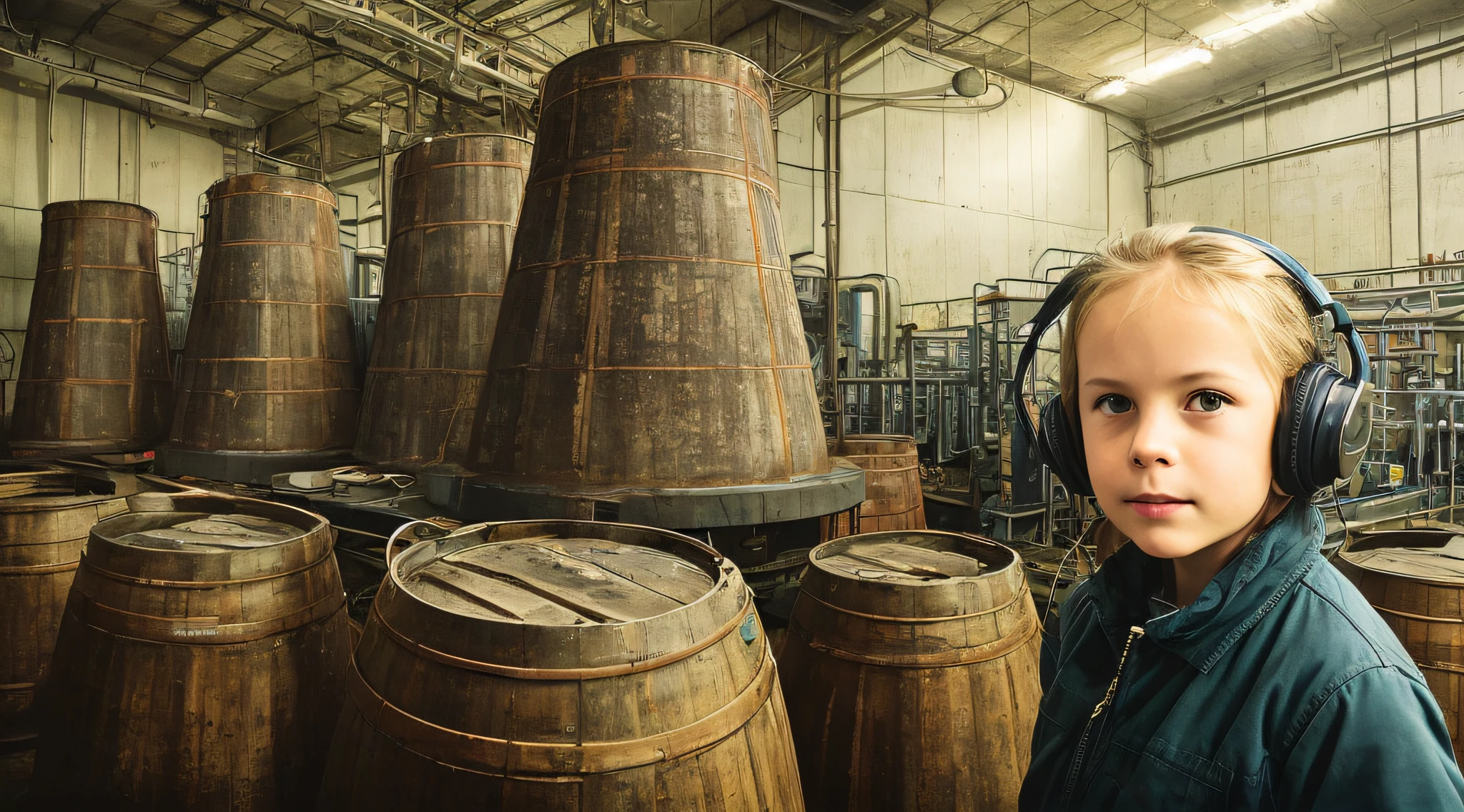 GIRL CHILD 8 YEARS OLD BLONDE HAIR, LONG, CLOSE UP, RUSSIAN STYLE HEADPHONES, BLACK FUR COAT, a closeup of a large pile of yellow barrels with radioactive symbols, nuclear waste, radioactive wastelands, toxic waste, radioactive particles, nuclear wastelands, radioactive, uranium, nuclear, nuclear fallout, post-nuclear, nuclear fashion, post-nuclear fallout,  nuclear energy, future of nuclear energy, nuclear, nuclear art, nuclear reactor, nuclear energy, radiation, toxicity, contaminated