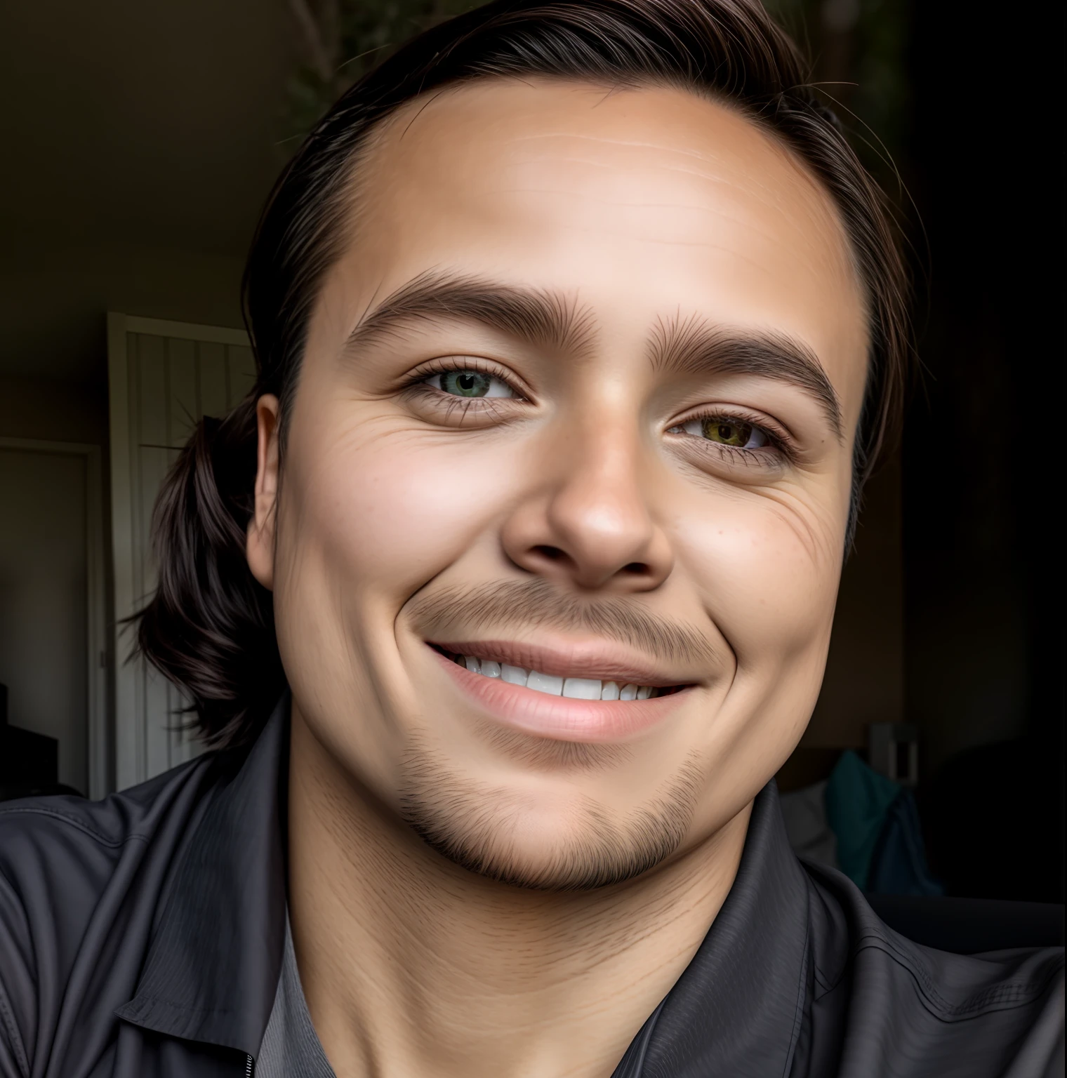 Ultra realistic image, smiling, on the beach, black shirt, dark brown eyes, confident, tabby body