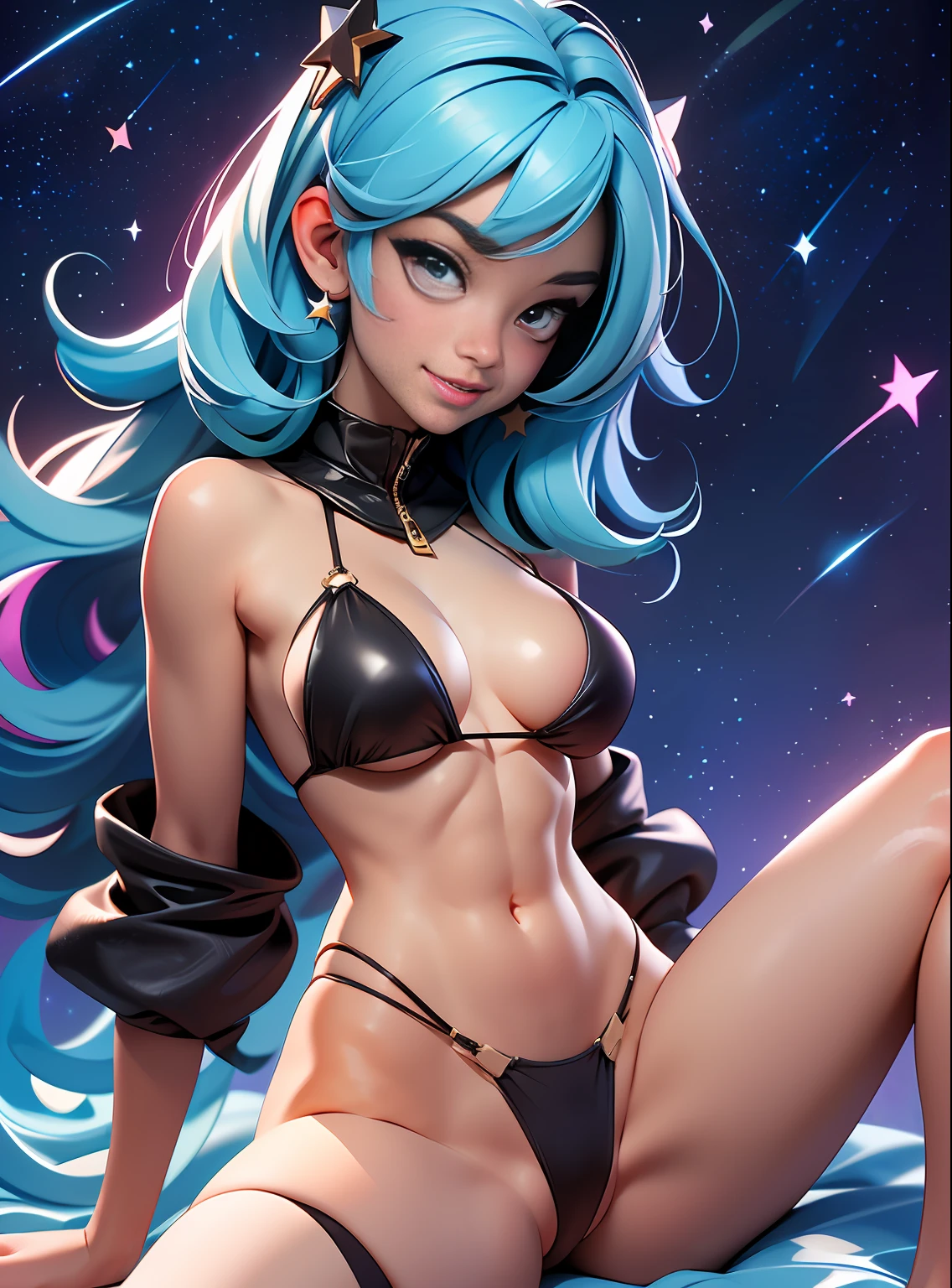 ((Best Quality)), ((Masterpiece)), ((Realistic)) and watercolor drawing of a girl with goth colors. Crotch Angle view. She has ((starlight hair)), wears a (small black micro-thong:star motif ) (bare navel) , ((beautiful and aesthetic)), muscular fit body abs, sexy, under-boobs, hot, (star filled sky background) (clear background:1.35), (particles ,firefly, blue glowing):1.3,  perspective, embarrassed smile,  totally blushed, nervous, looking at the viewer, spread legs,black thong bikini