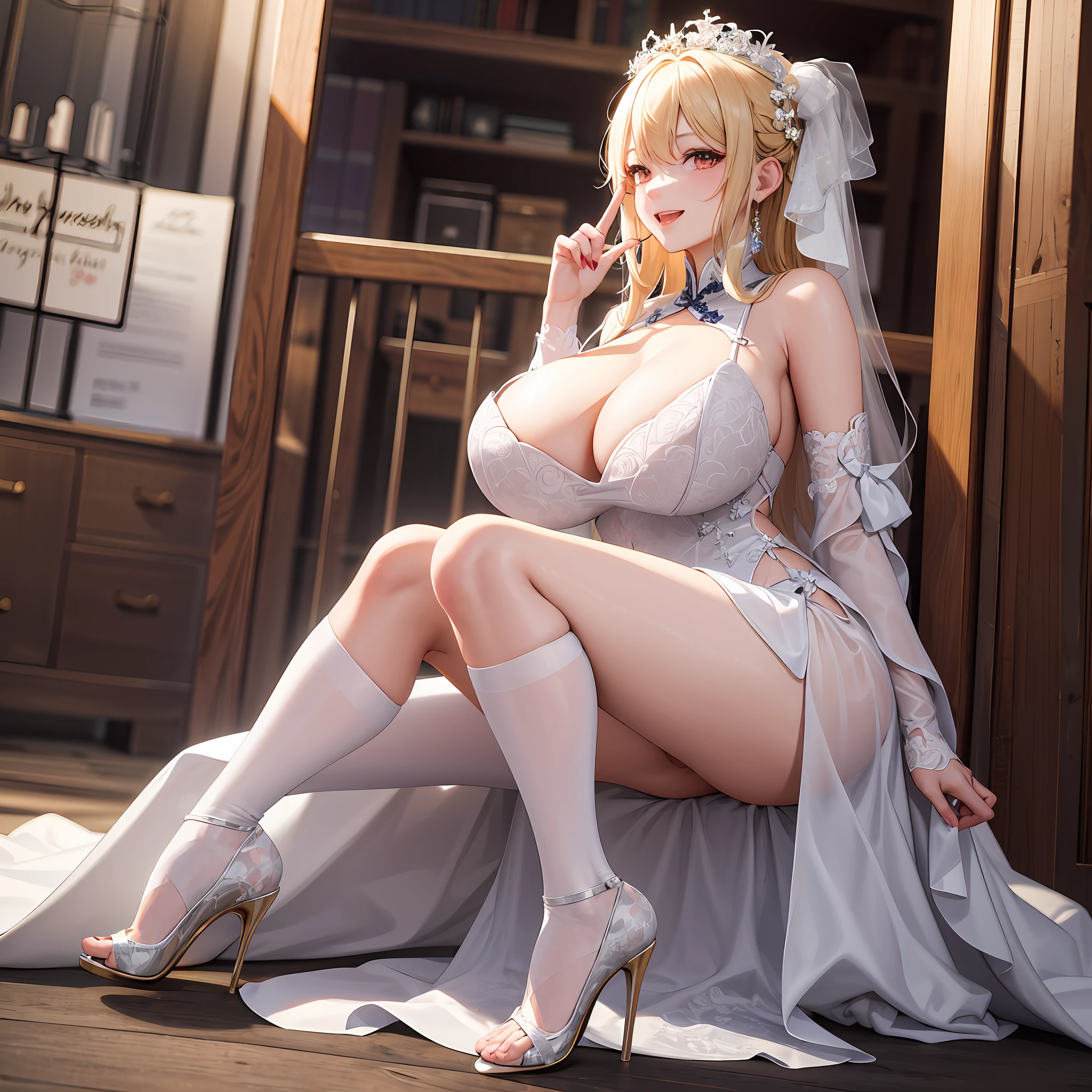 masterpiece, best quality, {{wedding dress:china dress:0.3}}, masterpiece,best quality,official art,extremely detailed CG unity 8k wallpaper, day, against backlight at dusk, mature female, long hair, blonde hair, disheveled hair, bangs, visible through hair, red eyes, covering eyes, huge breasts, white kneehighs, high heels, fingersmile, 😀,
