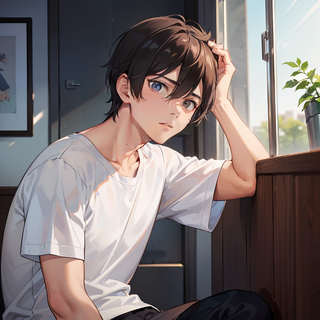 (A man in a white T-shirt 1.4)
(Expression Pain 1.5)
(Sit in the corner of the ward 1.4)
(Open Eyes 1.3)
(Show upper body 1.4)