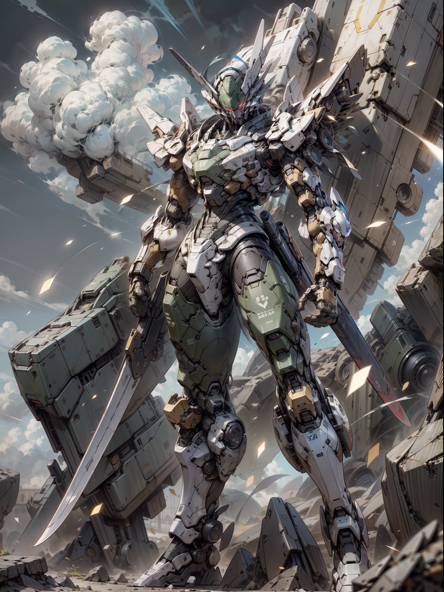 ((Best Quality)), ((Master Works)), (Very Detailed: 1.3), 8K, cool painting, full of sci-fi atmosphere, blue mecha looking up sideways at the sky, blue, gilded blue, holding a sword, swords scattered, streamlined blue armor, complex weapons and equipment behind it, Gundam humanoid mech, anime mecha aesthetics, perfect body proportions, head-up view, standing posture, military giant mecha, missiles, rocks, futuristic technology, realism, dark clouds in the sky, dark war background, Ray Tracing, Light Particle, NVIDIA Trtx, Super Resolution, Unreal 5, Subsurface Scattering, Specular and Albedo Mapping, Rule of Thirds, Large Aperture, Battle Stance, 8K Raw Data, High Efficiency Subpixels, Subpixel Convolution, Light Particle, Light Scattering, Tyndall Effect, Ray Tracing.