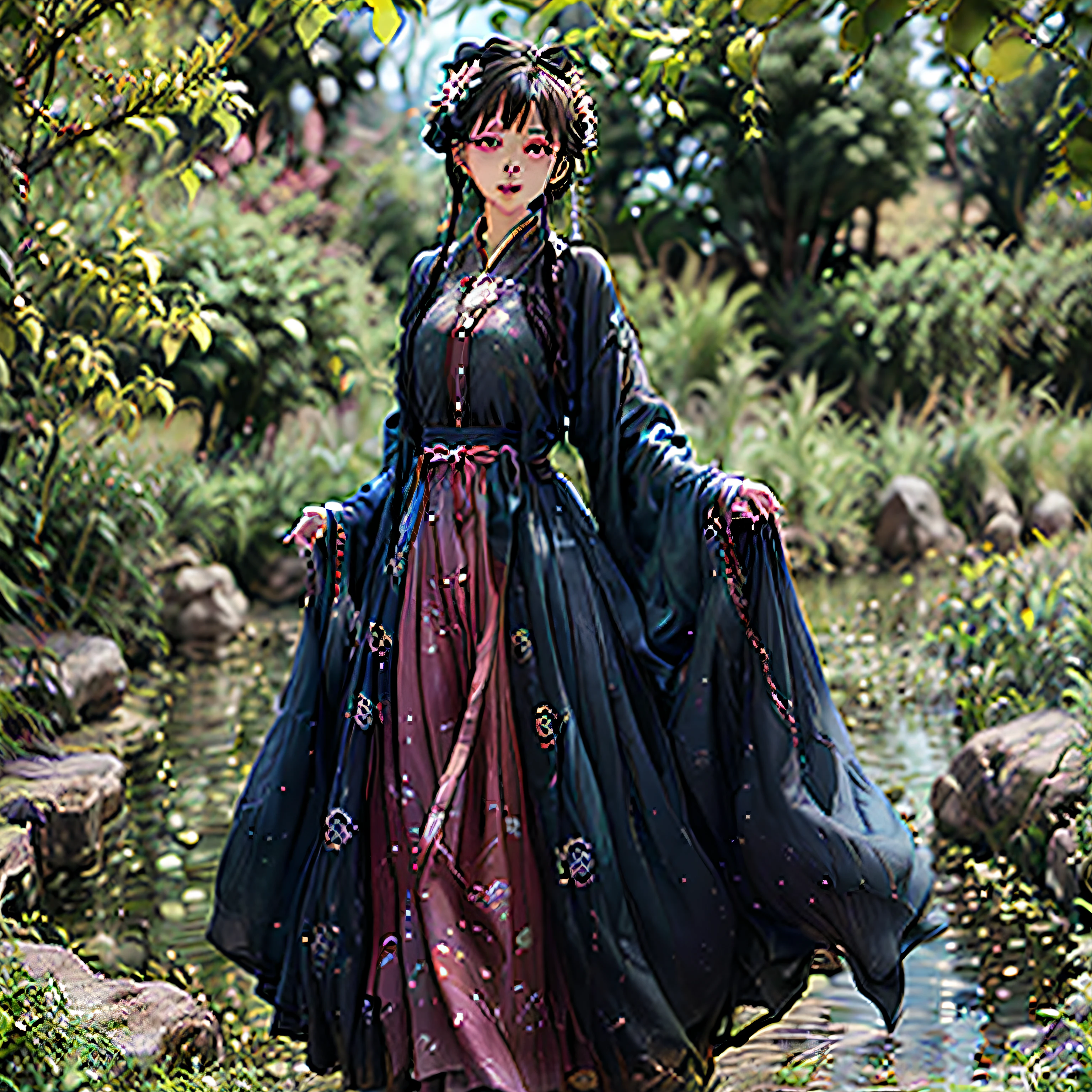 masterpiece, best quality, ultra-detailed, illustration, 1girl, solo, kochou shinobu, multicolored hair, no bangs, hair intakes, purple eyes, forehead, wisteria, black shirt, black pants, haori, butterfly, standing waist-deep in the crystal clear water of a tranquil pond, peaceful expression, surrounded by lush green foliage and wildflowers, falling petals, falling leaves, large breasts, cowboy shot, buttons, belt, light smile, (no hand:1.2), heart-shaped pupils, --auto