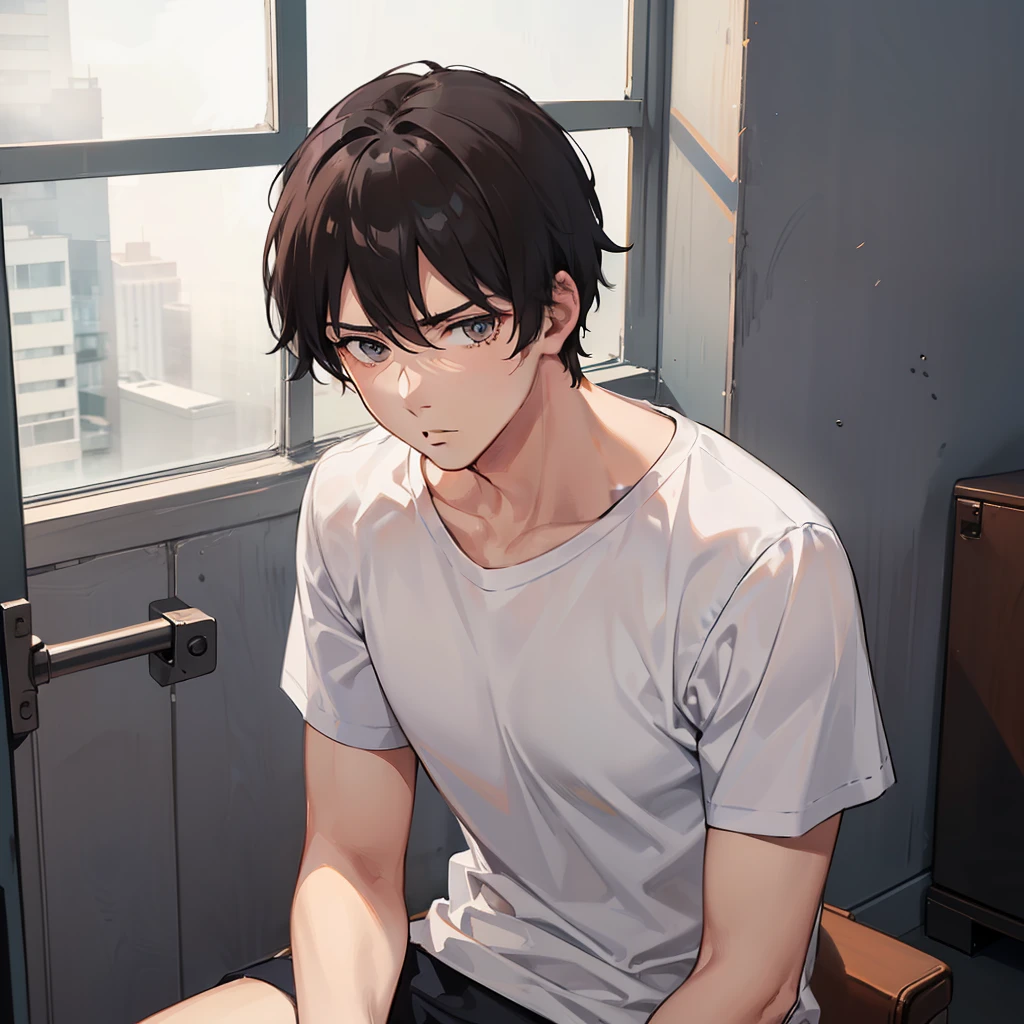(A man in a white T-shirt 1.4)
(Expression Pain 1.5)
(Sit in the corner of the ward 1.4)
(Open Eyes 1.3)
(Show upper body 1.4)