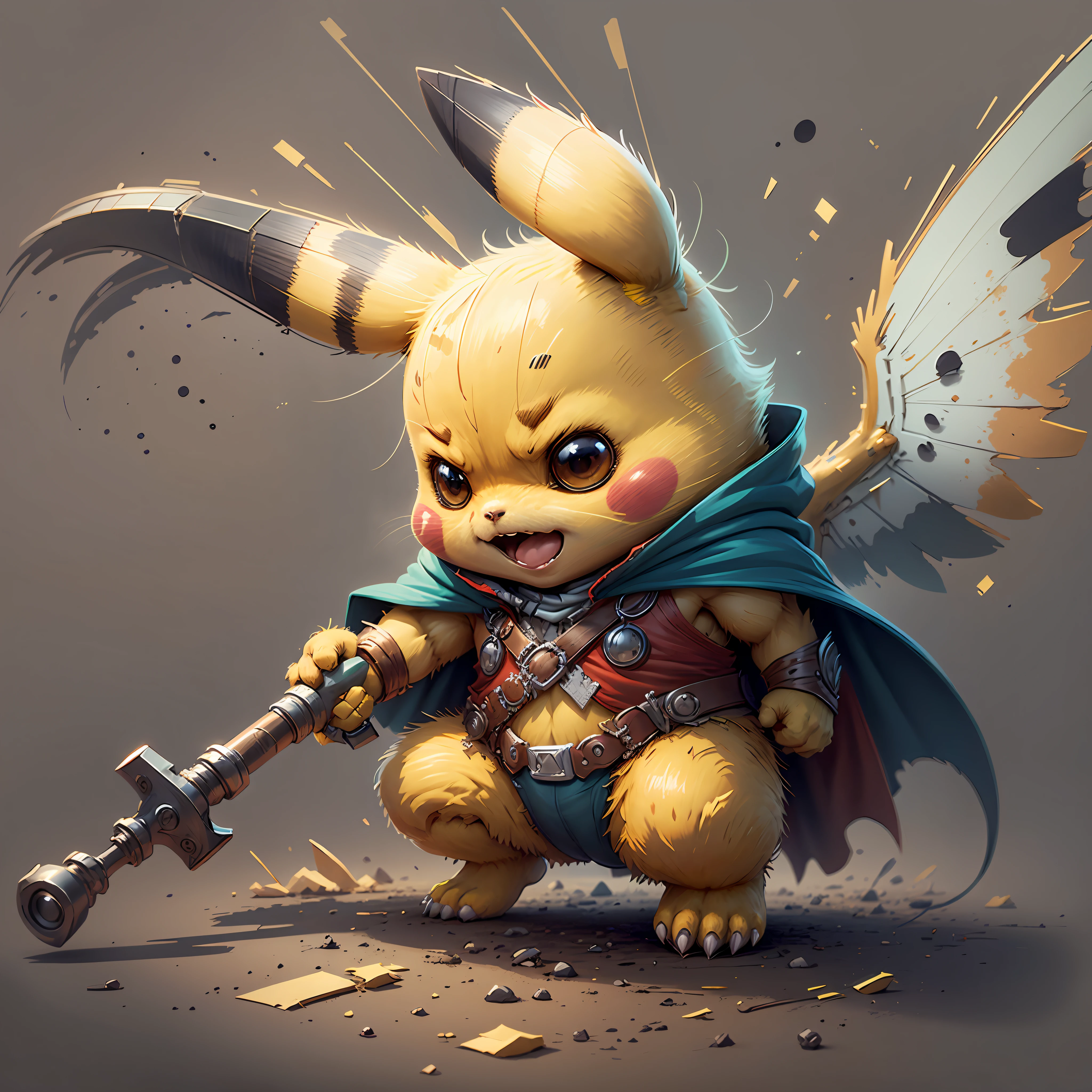 Start with a basic sketch of Pikachu, with a Thor hammer in one hand and wearing a red cape with gold accents.

Add some Thor features such as a helmet with wings and boots with metal details to add a more authentic touch to the character.

To give Pikachu a fluffy touch, overdo the dimensions of his head and ears and add rosy cheeks.

Use vibrant, cheerful colors to bring your drawing to life, with shadows and highlights that create depth and texture.

Add a suitable background to the drawing, such as a scenario that shows Pikachu in action or a simple background that doesn't distract the character's attention.

To finish, add some clean and crisp lines that highlight the characteristics of the character and add a more "cartoon" touch to the drawing.