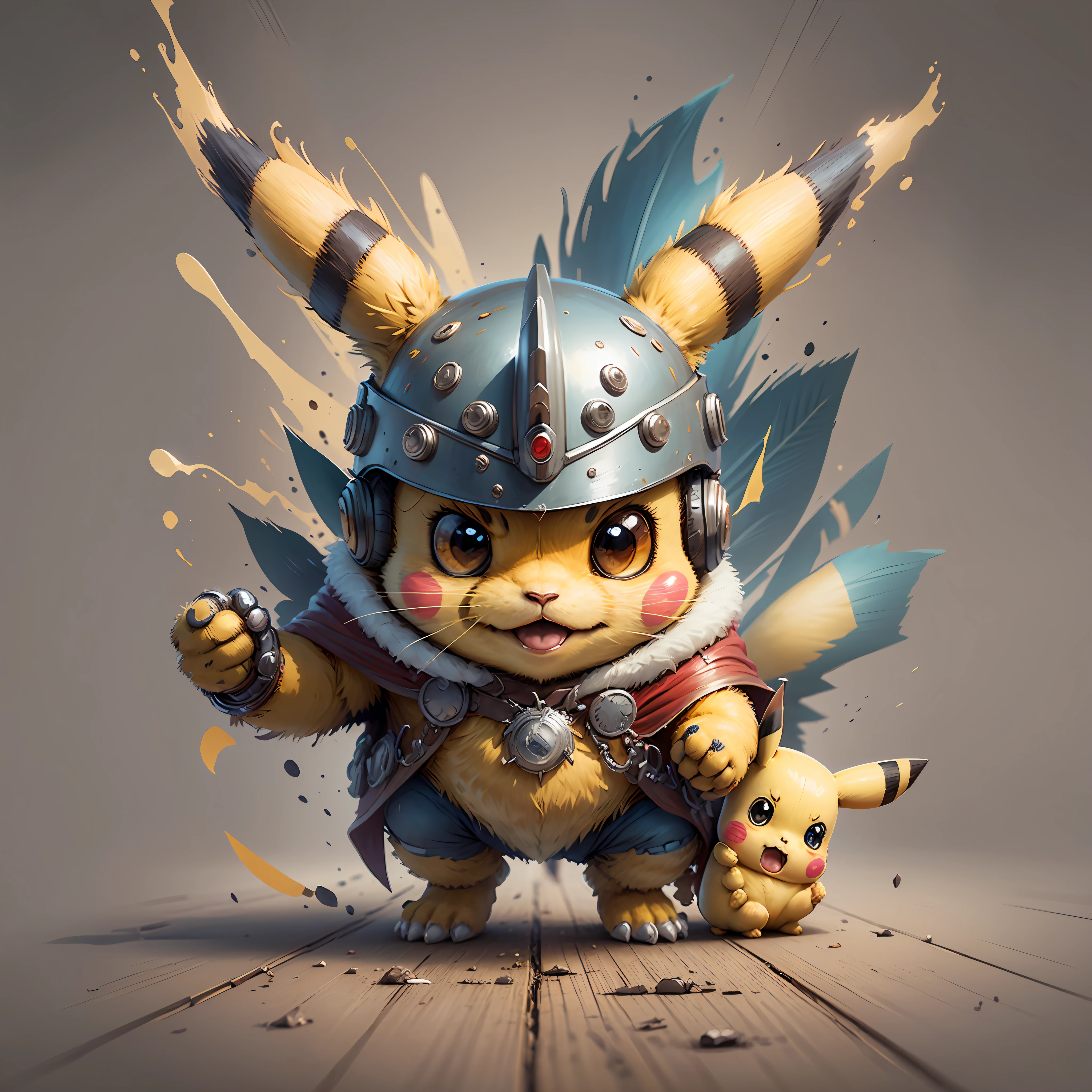 Start with a basic sketch of Pikachu, with a Thor hammer in one hand and wearing a red cape with gold accents.

Add some Thor features such as a helmet with wings and boots with metal details to add a more authentic touch to the character.

To give Pikachu a fluffy touch, overdo the dimensions of his head and ears and add rosy cheeks.

Use vibrant, cheerful colors to bring your drawing to life, with shadows and highlights that create depth and texture.

Add a suitable background to the drawing, such as a scenario that shows Pikachu in action or a simple background that doesn't distract the character's attention.

To finish, add some clean and crisp lines that highlight the characteristics of the character and add a more "cartoon" touch to the drawing.