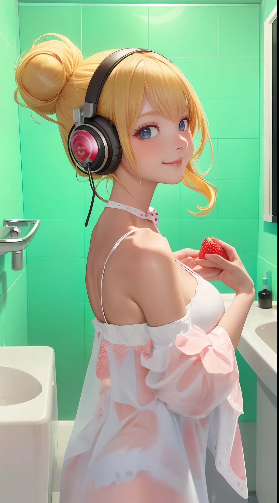 (1 girl), adorableness, blondhair, hair buns, blueeyes, (WOMAn (Eat strawberries), Red polka dot bow, white pubic fur (Polka dots) Take off the shoulders, love bite, bathroom, long haired, looking at the viewers, Facing the Viewer, fluid, soft smiling, Detailed Skin Texture, (Blushlush:0.5), (goosebumps:0.5), subsurface scatter, (Jeizuo, topquality, official arts, Beauty and aesthetics: 1.2), (Medium breasts), extremedetailed, (colourised), highest details, roses, blush of the nose, headphones, nose blush, From Side, best Quality
