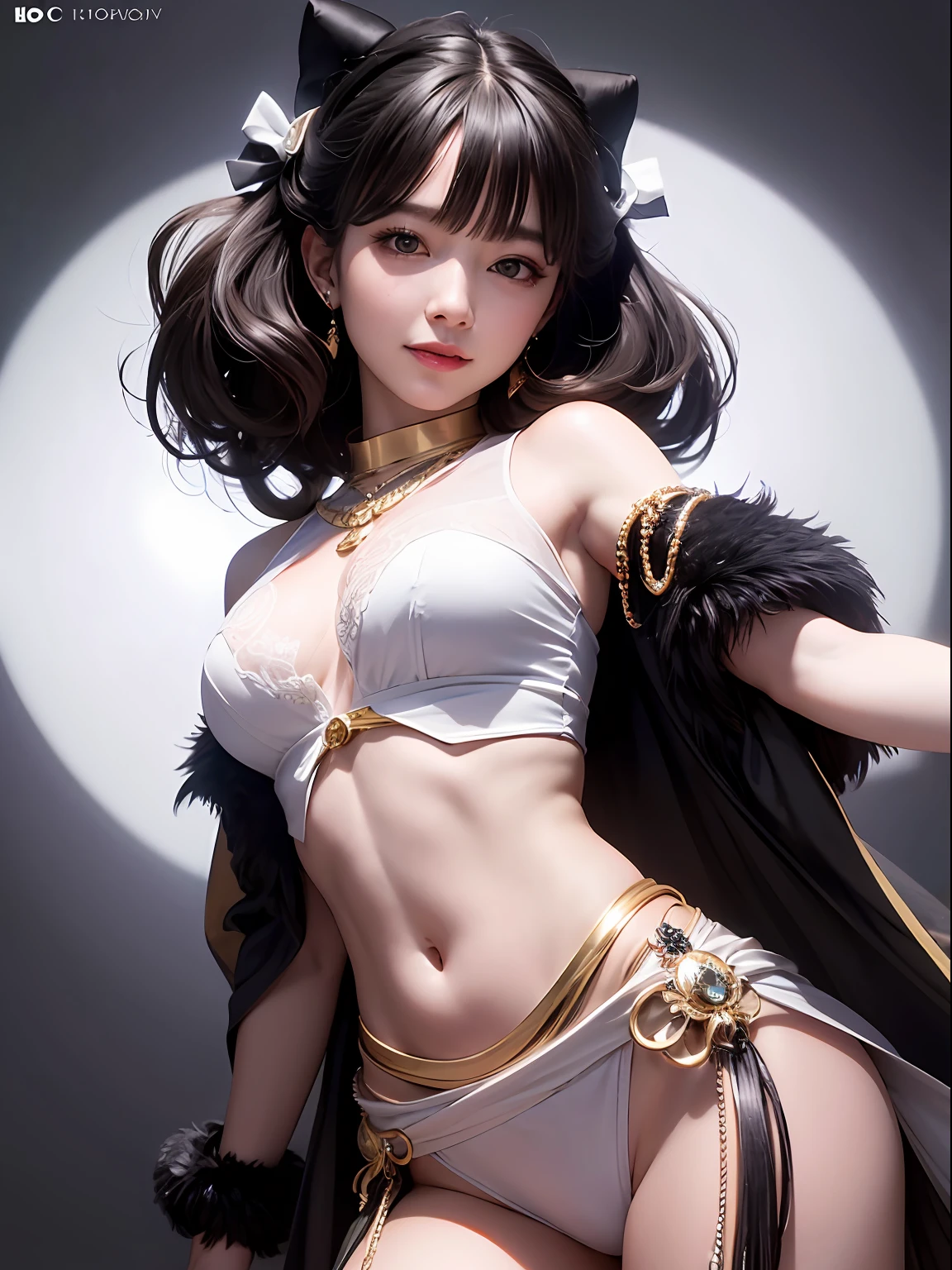 black hair, hair bobbles, long　eyelashes, solid circle eyes, light smile, multiple hair bows, navel, realism, drop shadow, dutch angle, 8k, super detail, ccurate, best quality, white theme