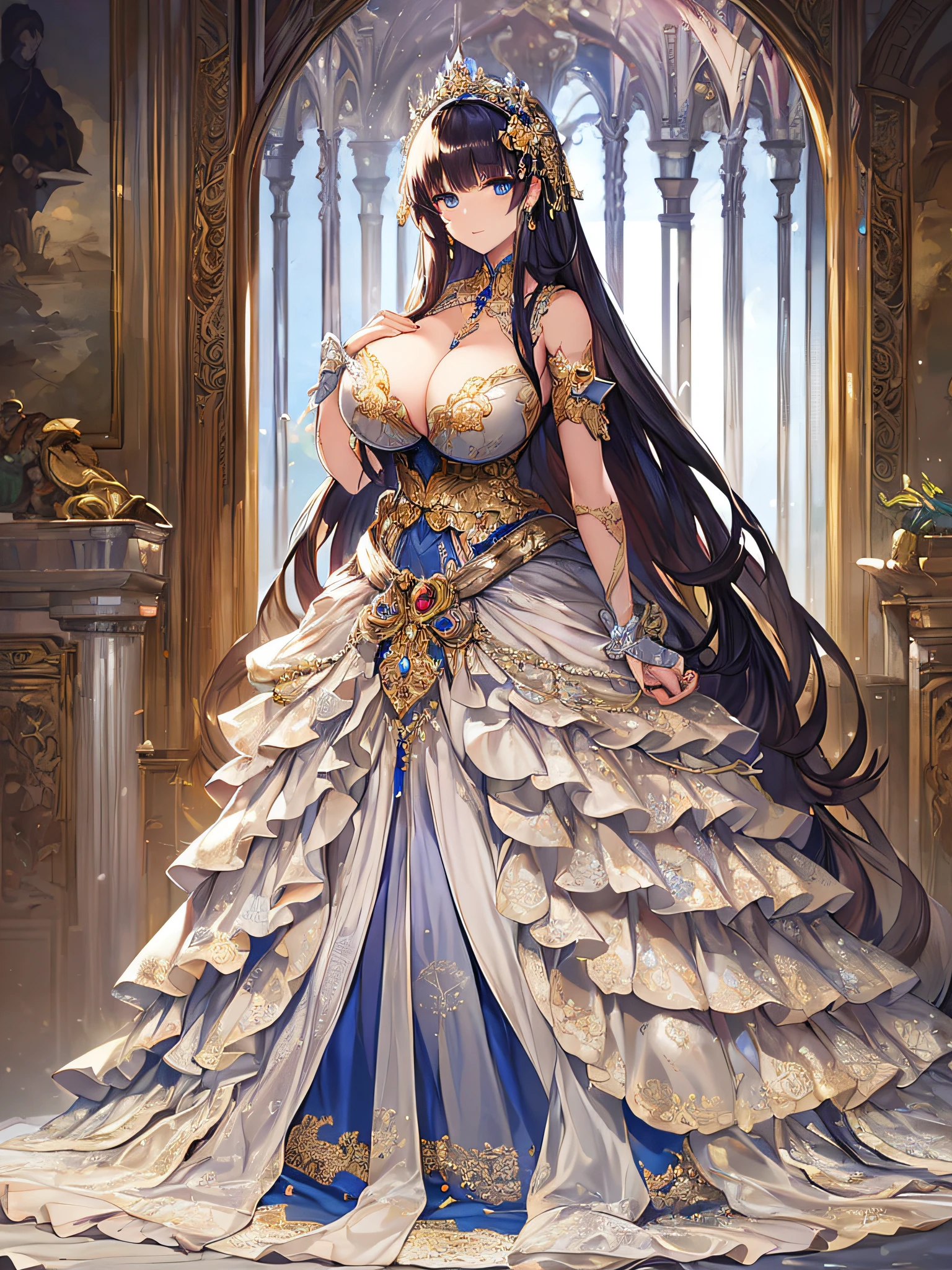 ((anime artstyle)),(Masterpiece),(Best Quality), (Super Detail),Illustration,((Very Delicate and Beautiful)),Focus on character,Dynamic Angle,Looking at viewer,((Solo)),standing,(((full body))),((one noble princess in gorgeous ball gown with voluminous skirt)),detailed face and eyes,jewel-like eyes,((Very Long voluminous Hair)),gorgeous embroidery and lace,See-through,ornate ruffles,Gorgeous jewelry ornaments,luxury hair ornament,luxury tiara with jewels,(gigantic breasts,Long breasts),full body,((gorgeous ball gown with voluminous skirt))