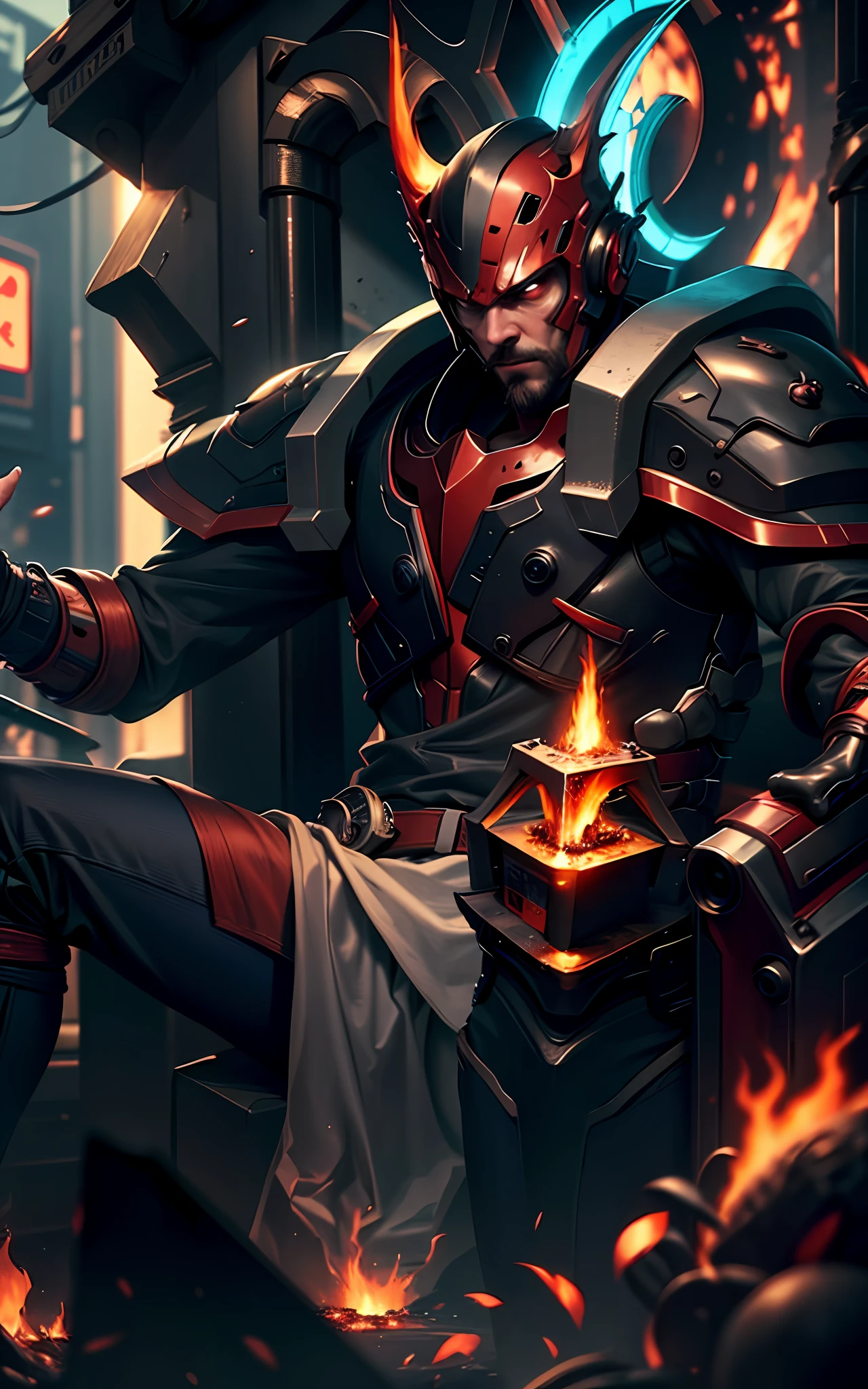 Best quality, 8K masterpiece, fiery hand, holding a fire, hand on fire, thunder aura, Horror, in the crowded cyberpunk town, 1man, 8K,