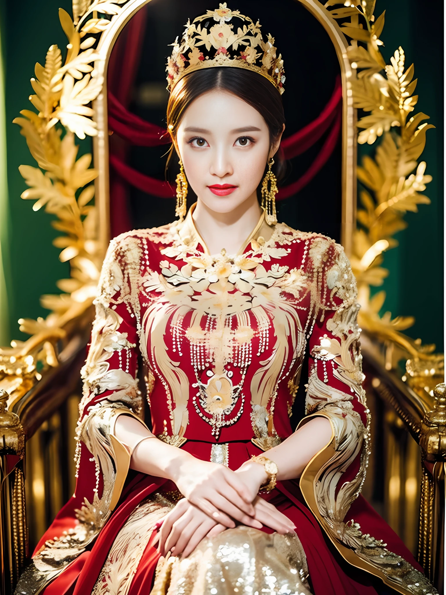 Best quality, masterpiece, detail, intricate detail, realistic cinematic lighting, (fantasy art: 1.6), (seiza: 1.1), (front: 1.2), upright, royal, majestic, queen, (huge and golden throne: 1.4), crown, close-up front, solemn, throne, upright posture, seriousness, dignity, gaze ahead, contemplation, jewelry, solo, divine ray, 1 woman, gold and red dress, golden palace,