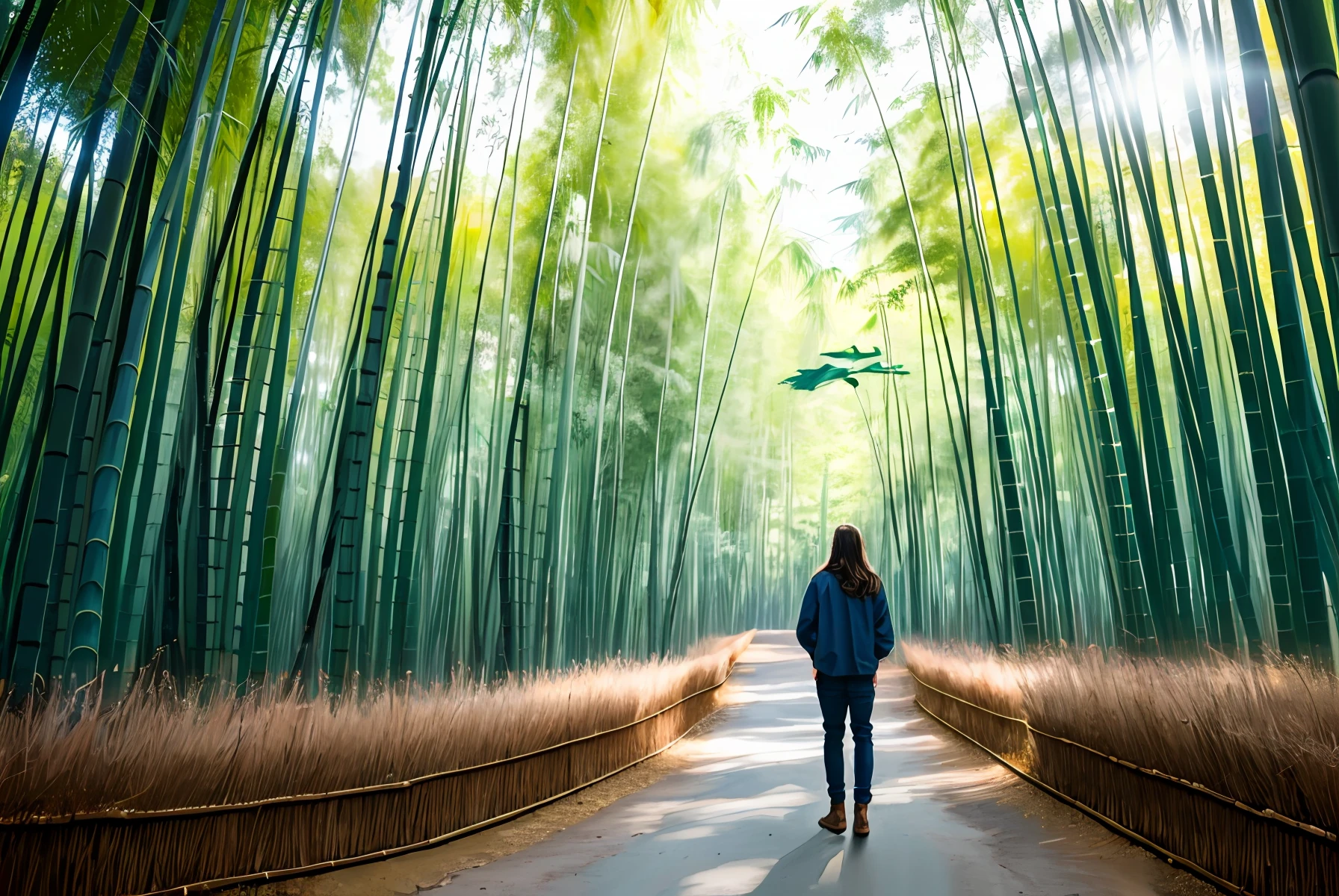 Bamboo forest, stone road, man in blue, long hair fluttering, crane