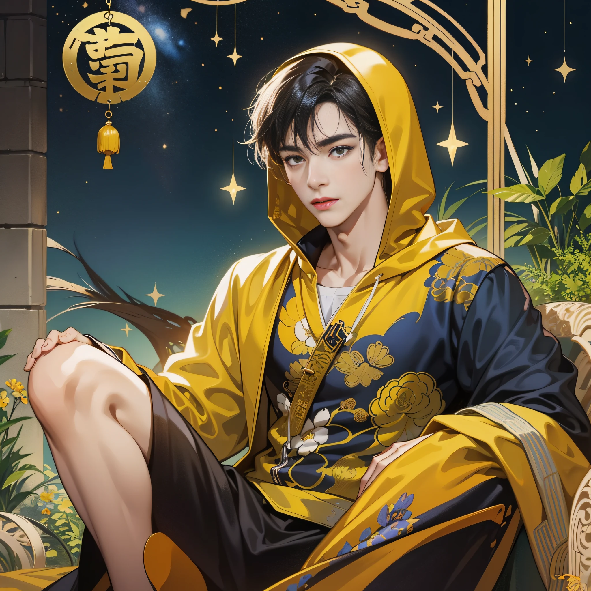 muscular boy, masculine face, wild, masculine, valiant, handsome, rugged, hoodie, modern chinese traditional costume, fusion of ancient Chinese and modern, king of rappers, pectoral muscles, abs, cool atmosphere, sitting, solid posture, fashionista, stylish, colorful, individual, luxurious, Cantonese, singing, dancing, sky with stars shining like dreams, Book of quiet nights, starry sky blooming brightly, border between whispering dreams and confusion, Cantonese pride, yellow and blue clothes