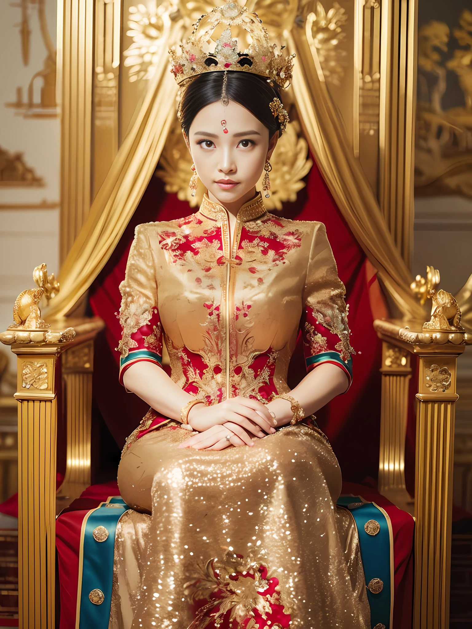Best quality, masterpiece, detail, intricate detail, realistic cinematic lighting, (fantasy art: 1.6), (seiza: 1.1), (front: 1.2), upright, royal, majestic, queen, (huge and golden throne: 1.4), crown, close-up front, solemn, throne, upright posture, seriousness, dignity, gaze ahead, contemplation, jewelry, solo, divine ray, 1 woman, gold and red dress, golden palace,