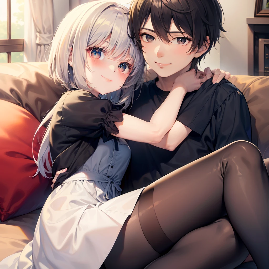 (On the sofa in the living room, a short-haired black boy in a blue shirt hugs a long-haired girl with black tights in a white dress: 1.8) (A smile on his face: 1.5) (Masterpiece, masterpiece: 1.5)