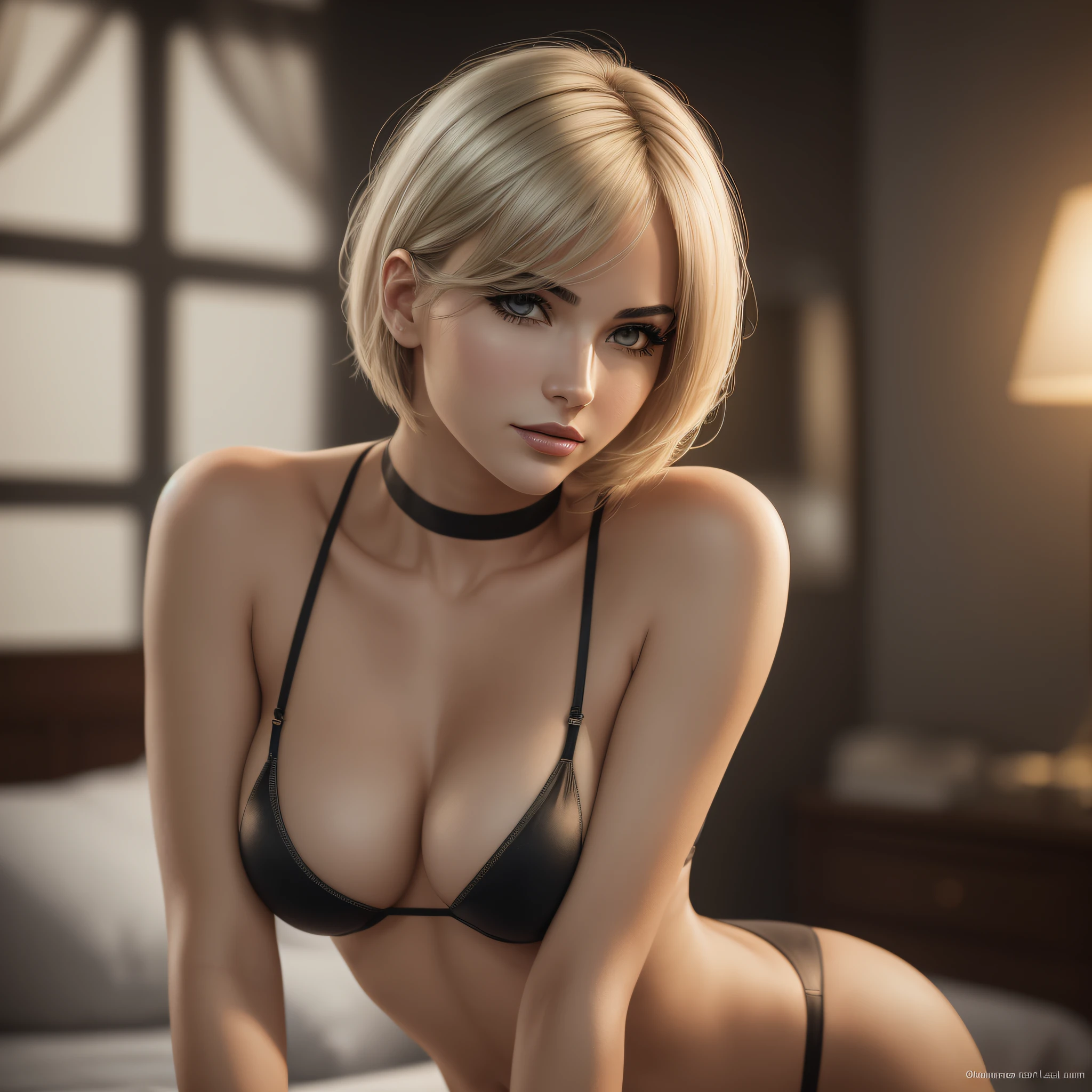 Realistic photo of Italian woman, eyepatch_bikini, (medium_breasts:1.2), slim, posing, (beautiful face:1.2), slimming face, pale skin, (eyeliner, lipstick: 0.7), (curve: 0.7), short hair, semi-nude, highly fine breasts, hips, back to back, (shut up: 1.3), (super detailed skin: 1.2), rule of thirds, hard lighting, 4k, 8k, depth of field, light leakage, extremely detailed background, Interior, bedroom background, style by Amiet Cuno, (artgerm:0.7) and Andreas Levers --auto --s2