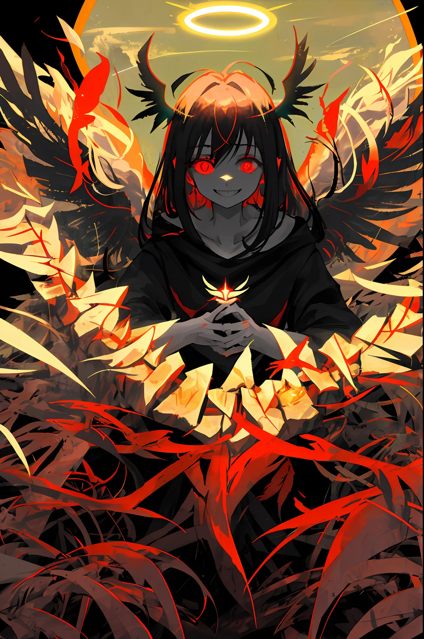 1girl, (scary), angel, gorgeos, (red halo), dark, glowing eyes, red eyes, (angel wings), holy, on water, sensual, black tunic, feathers, confident, smile, expressive eyes, collofull eyes, contrast, shadows, masterpiece, digital art, glowing eyes, intimidating, corrupted, demonic, abstract, feelings