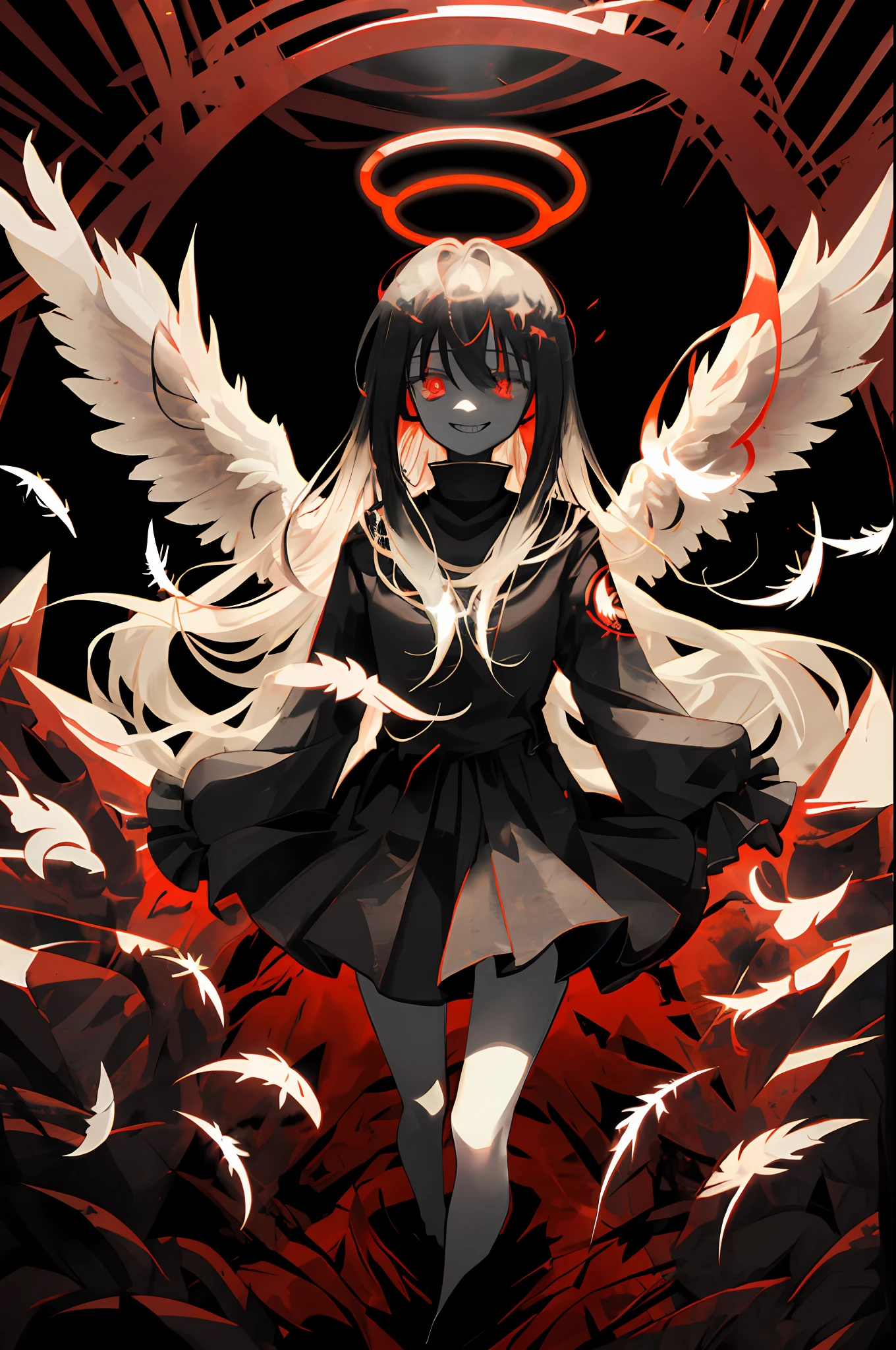 1girl, (scary), angel, gorgeos, (red halo), dark, glowing eyes, red eyes, (angel wings), holy, on water, sensual, black tunic, feathers, confident, smile, expressive eyes, collofull eyes, contrast, shadows, masterpiece, digital art, glowing eyes, intimidating, corrupted, demonic, abstract, feelings
