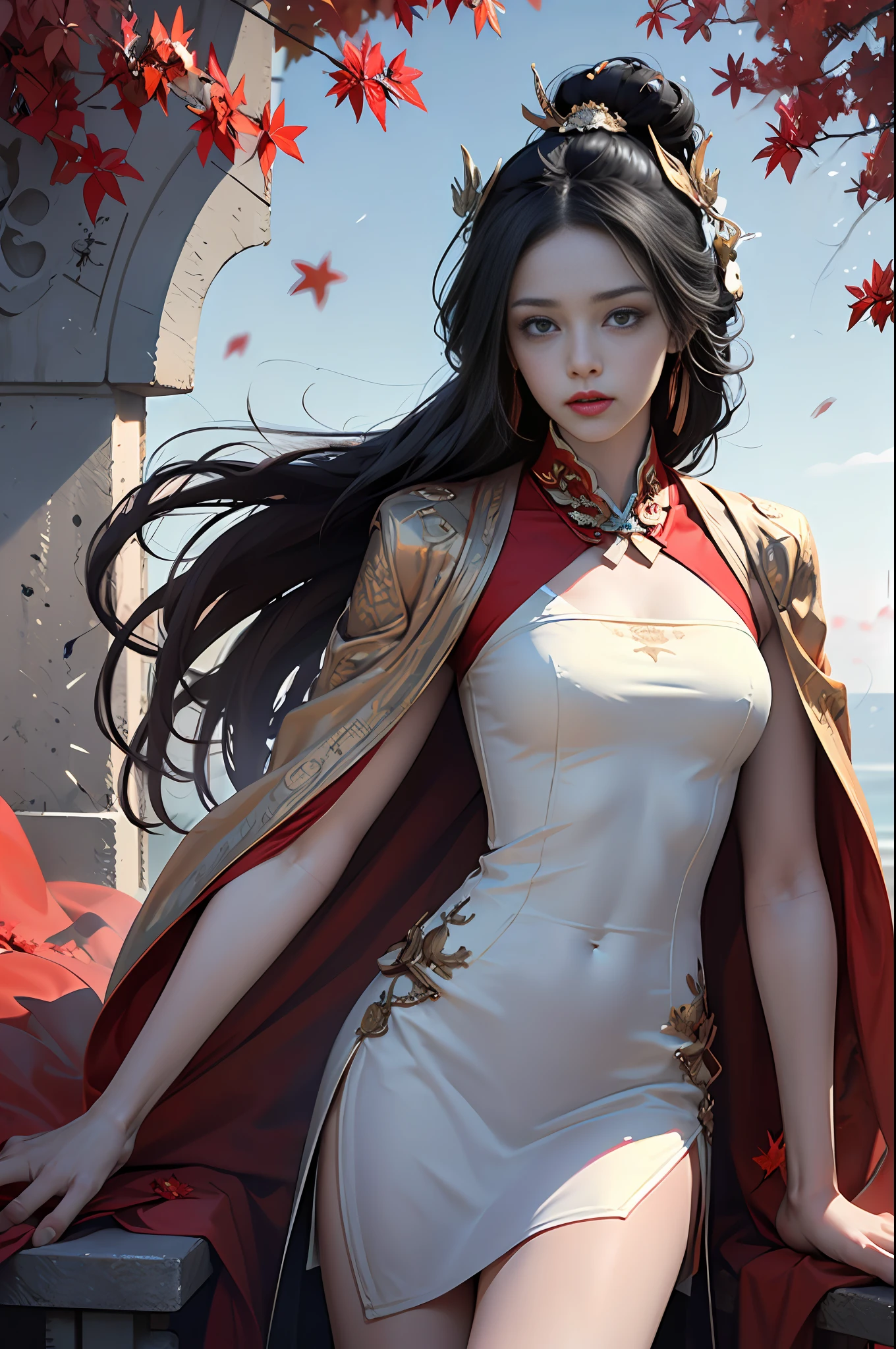 Official Art, Unity 8k wallpaper, super detailed, beautiful, beautiful, masterpiece, best quality, mystery, romanticism, horror, literature, art, fashion, Tang dynasty era, decoration, intricate, embroidery, red hanfu, red tulle coat, 1 girl, black hair, red headband, red hairpin, sad, fatalistic, bust composition, dramatic composition, movie lighting, dynamic perspective, sexy, nudity, full of temptation, red maple forest, maple leaves falling, red maple background, cloudy fog, dramatic composition,