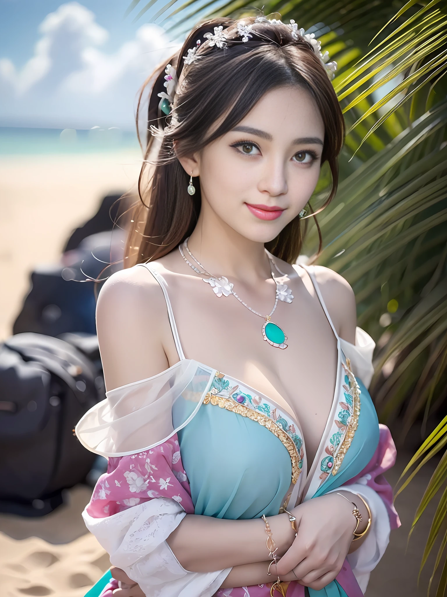 (best quality:1.1) ,(photorealistic:1.1), (photography:1.1), (highly detailed:1.1), looking at viewer,armlet, Jade bracelet, eyelashes, happy, medium breasts,beautiful detailed girl, (extremely detailed eyes and face), (lighting on face),necklace,Colorful clothes, [chinese clothes],[off shoulder], (solo:1.2), sandbeach,sand,Standing by the seaside, summer, (beautiful detailed sky),seethru,