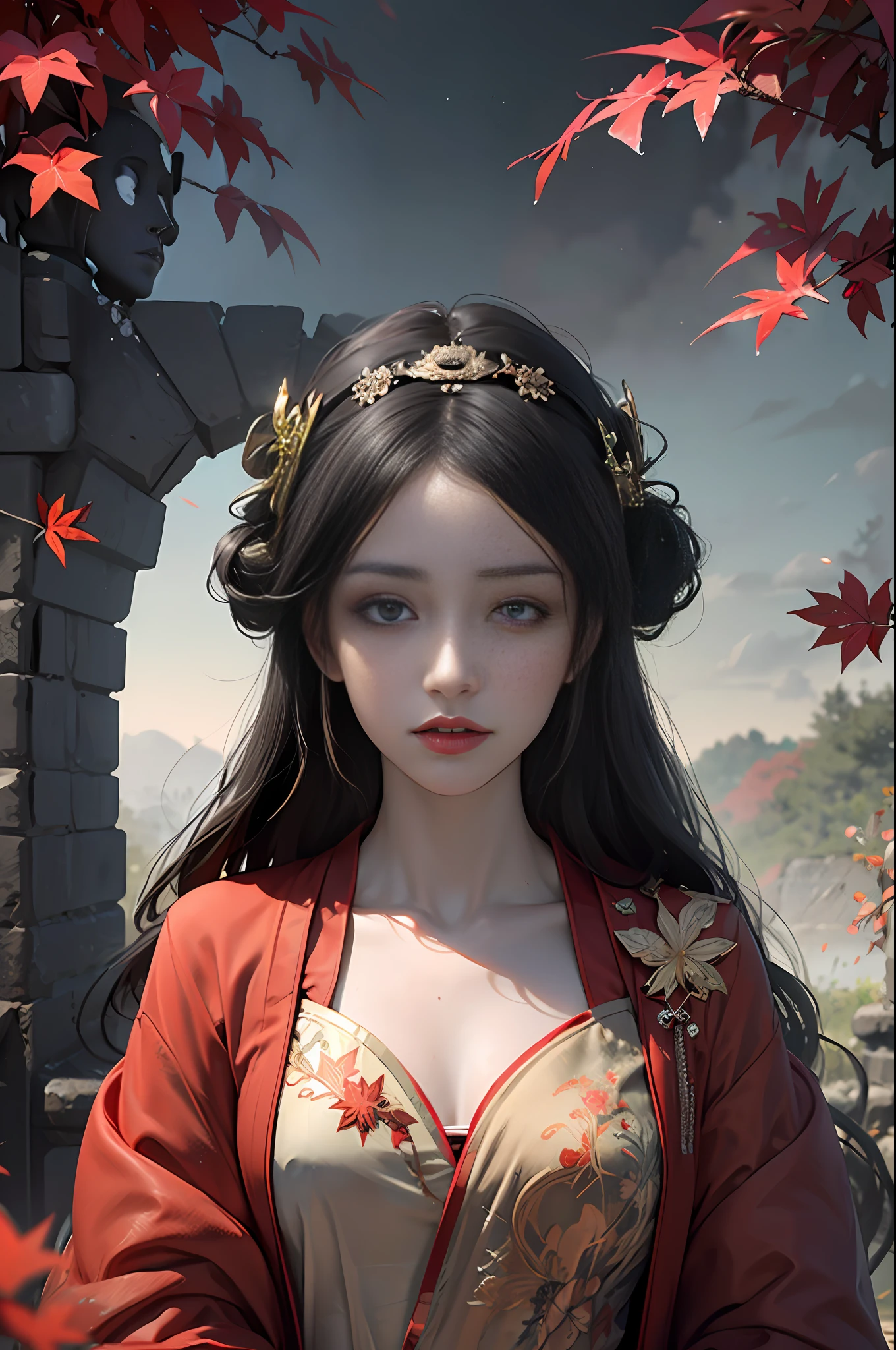 Official Art, Unity 8k wallpaper, super detailed, beautiful, beautiful, masterpiece, best quality, mystery, romanticism, horror, literature, art, fashion, Tang dynasty era, decoration, intricate, embroidery, red hanfu, red tulle coat, 1 girl, black hair, red headband, red hairpin, sad, fatalistic, bust composition, dramatic composition, movie lighting, dynamic perspective, sexy, nudity, full of temptation, red maple forest, maple leaves falling, red maple background, cloudy fog, dramatic composition,