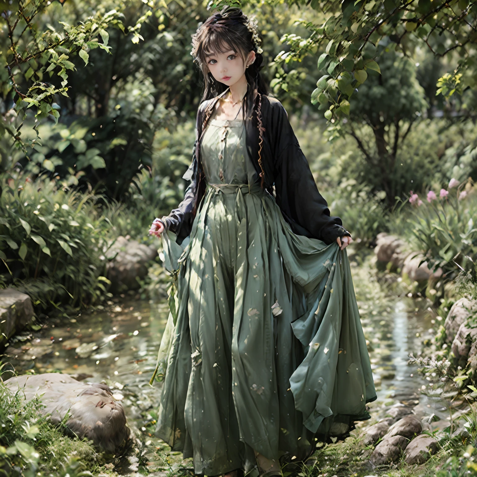 Masterpiece, Superb Piece, Ultra Detailed, Illustration, 1girl, Solo, Kochou Shinobu, Colorful Hair, No Bangs, Hair Intake, Purple Eyes, Forehead, Wisteria, Black Shirt, Black Pants, Coat, Butterfly, Standing waist-deep Clear Pool Water, Calm Expression, Surrounded by Lush Green Leaves and Wildflowers, Falling Petals, Fallen Leaves, Plump Chest, Denim Photo, Buttons, Belt, Light Smile, (No Hands: 1.2), Heart-shaped Pupils, --auto